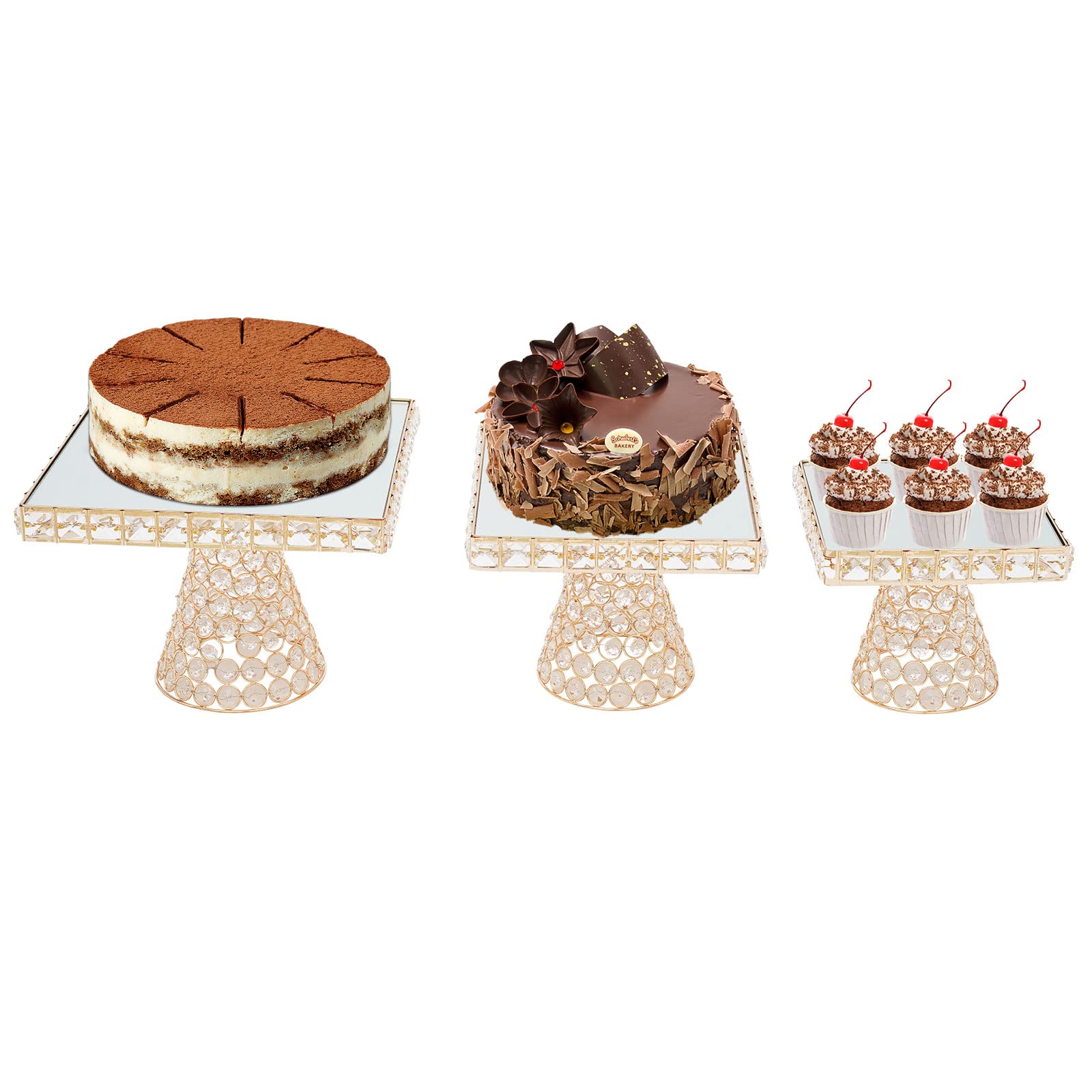 3-Piece Gold Cake Stand Set with Mirror Finish & Crystals - Elegant Cupcake Holders for Dessert Display - Perfect for Birthday, Wedding & Party Decorations (Ideal for Candy Buffets, Tea Parties & Special Events)