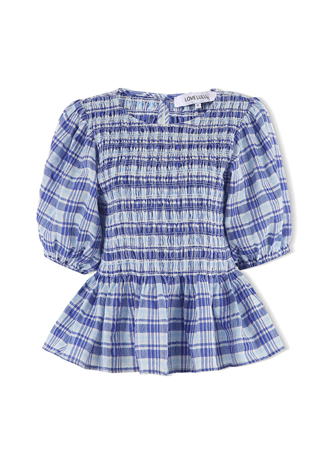 Beholden Blue Check Print Shirred Short Sleeve Blouse - Women's Casual Summer Tops for Beach, Vacation & Everyday Wear