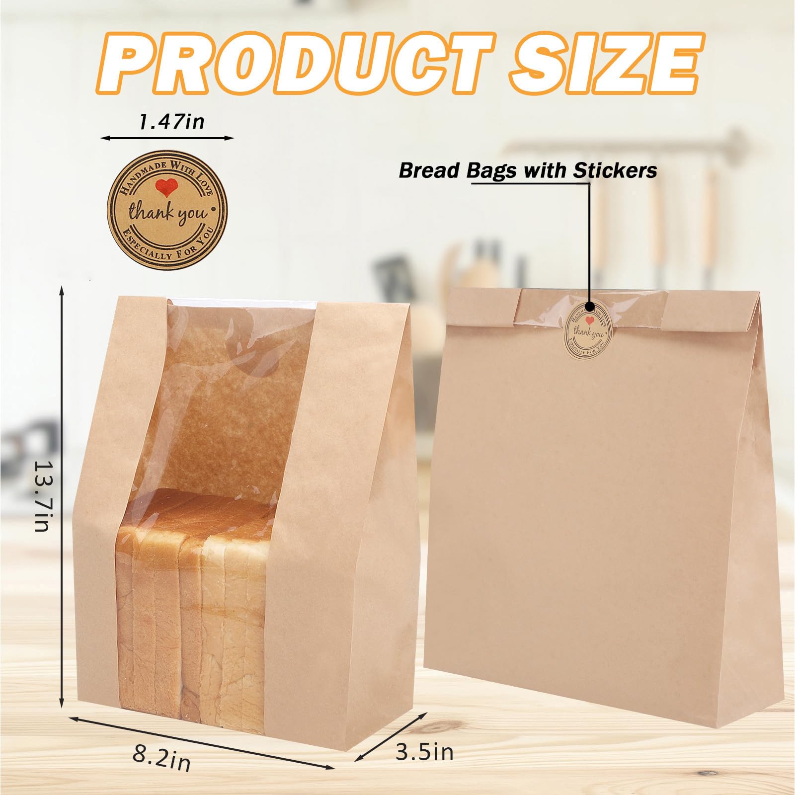 60 Pack Large Kraft Paper Bread Bags with Clear Window & Seal Stickers - 13.7
