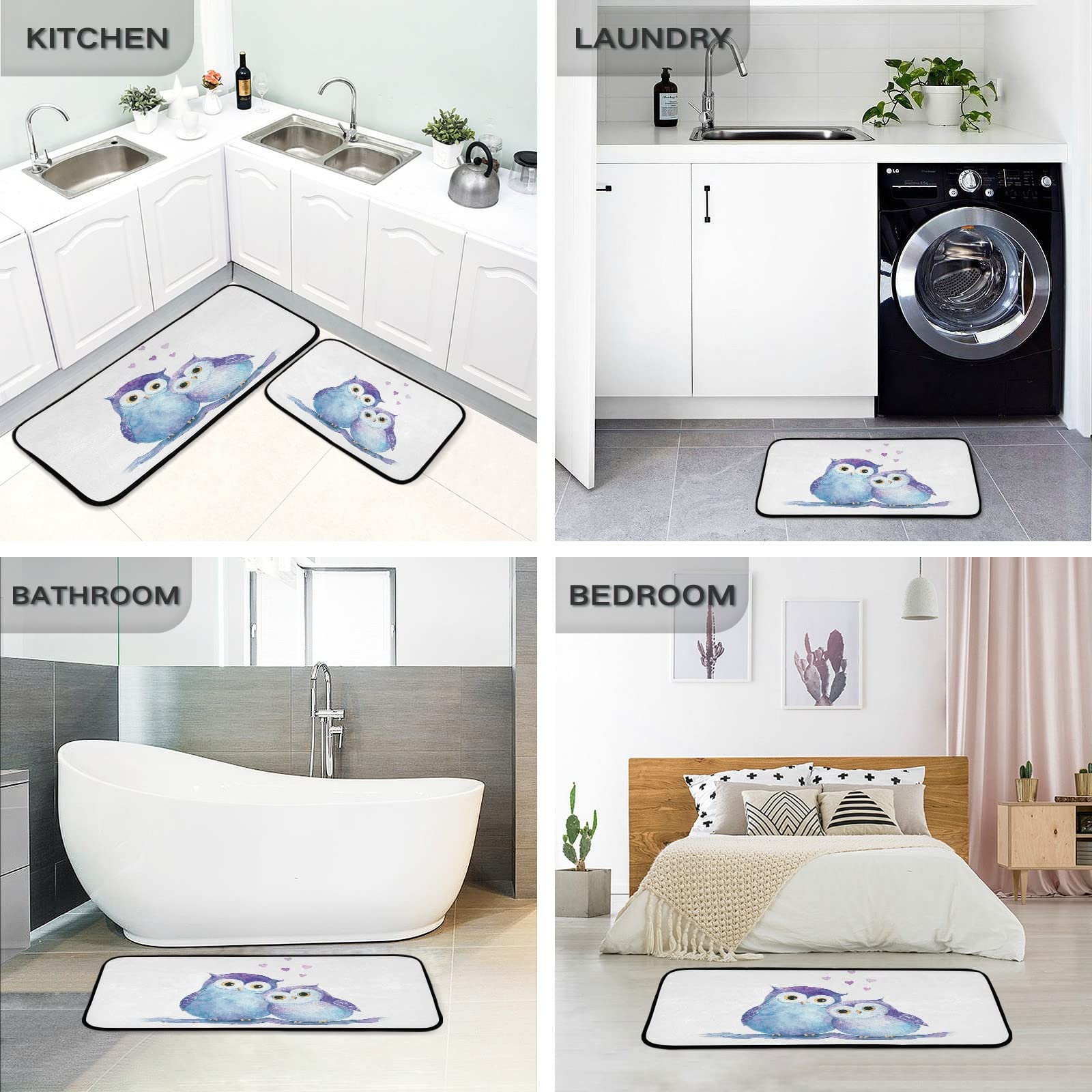 Non-Slip 2-Piece Kitchen Rugs Set with Cute Owl Design - Washable Anti-Fatigue Bathroom Floor Mats & Doormat (27