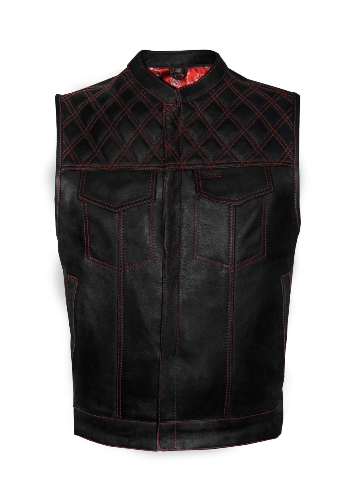 Men's Leather Motorcycle Vest with Red Stitching & Diamond Quilting - Red Paisley Lined Biker Jacket for Harley Davidson Riding & Motorcycle Events