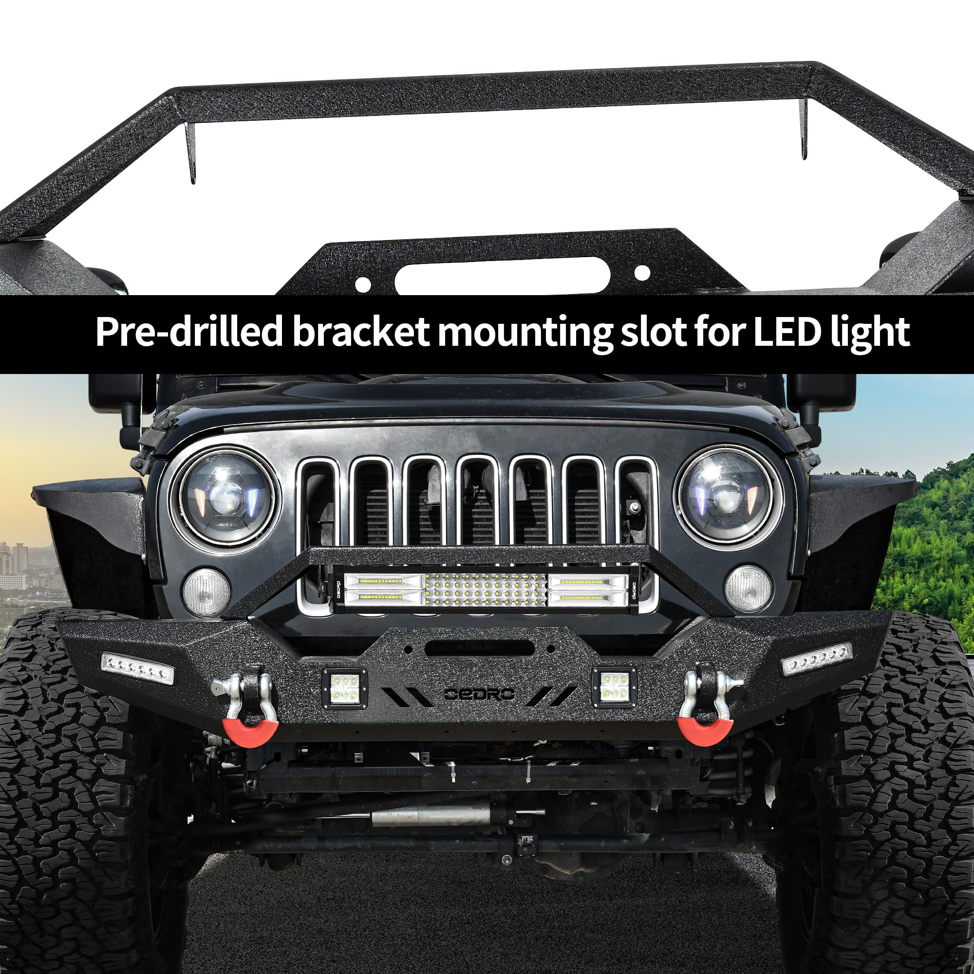 OEDRO Heavy Duty Front Bumper with Winch Plate & LED Lights for 2007-2018 Jeep Wrangler JK & Unlimited - Rock Crawler Off-Road Bumper with D-Rings for Trail Riding, Overlanding & 4x4 Adventures