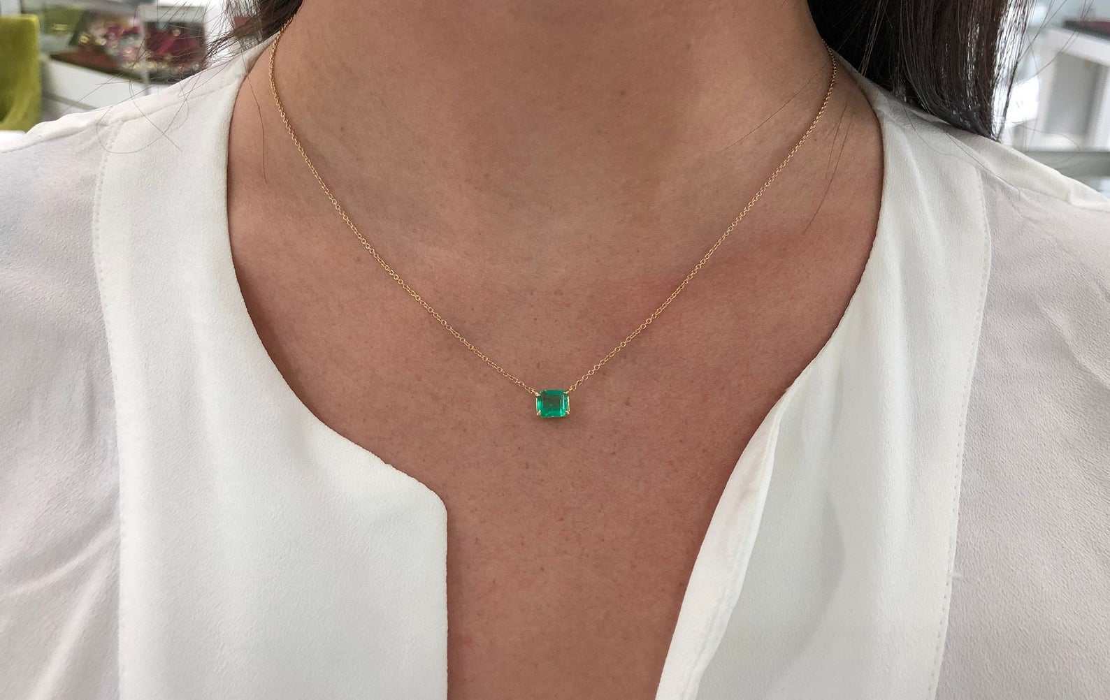 1.07 Carat East-West Emerald Cut Stationary Necklace in 14K Gold - Elegant Layering Piece for Everyday Wear & Special Occasions