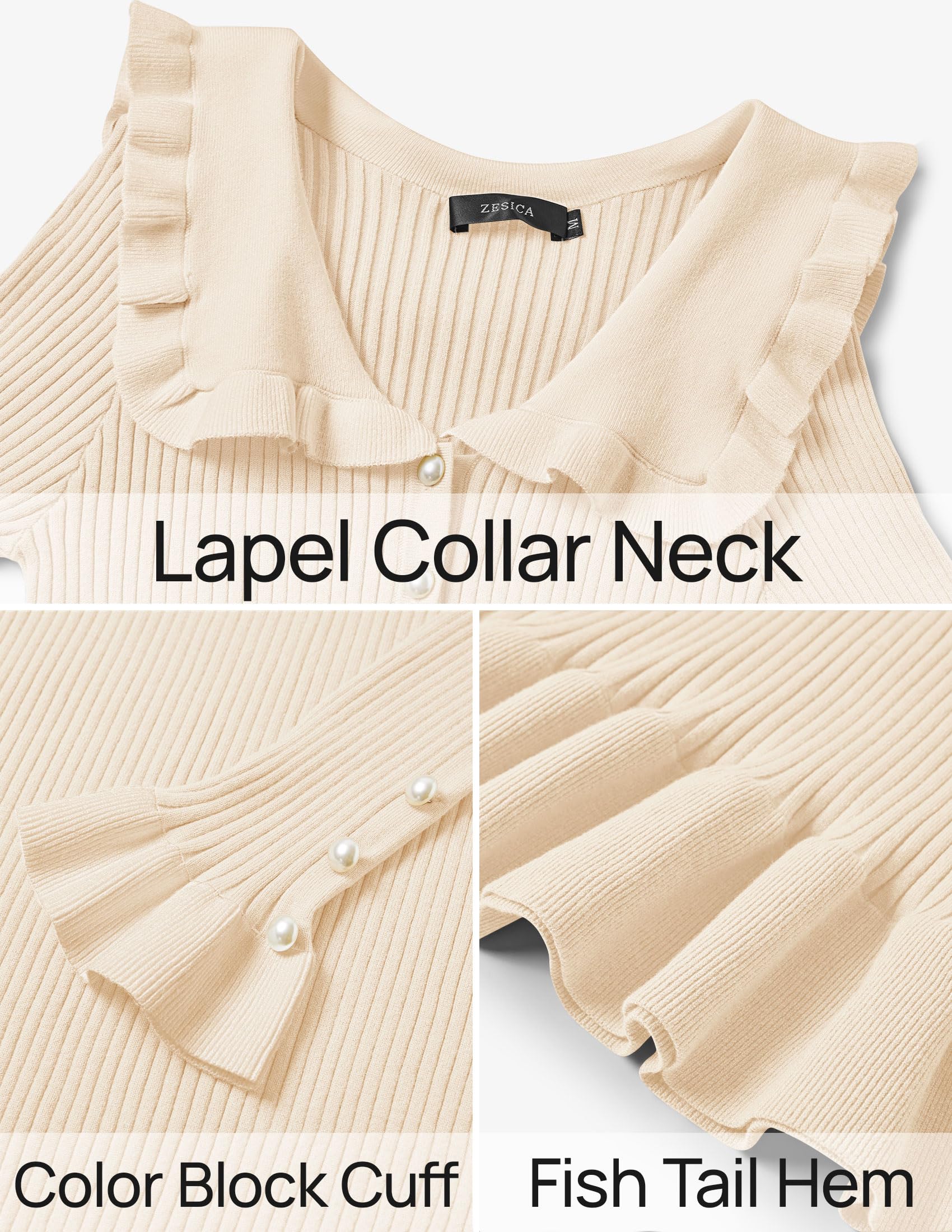 ZESICA Women's Long Sleeve Sweater Dress 2025 - Spring Lapel Collar Button Down Elegant Casual Midi Bodycon Dress for Work, Date Night & Fall Layering