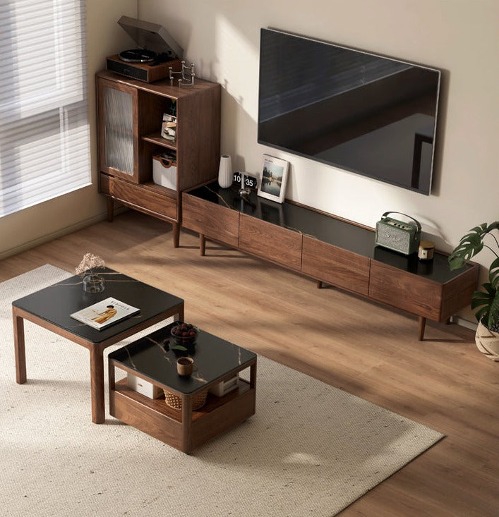 Modern Black Walnut Solid Wood TV Stand with Slate Top - Perfect for Living Room, Home Theater & Entertainment Center Storage