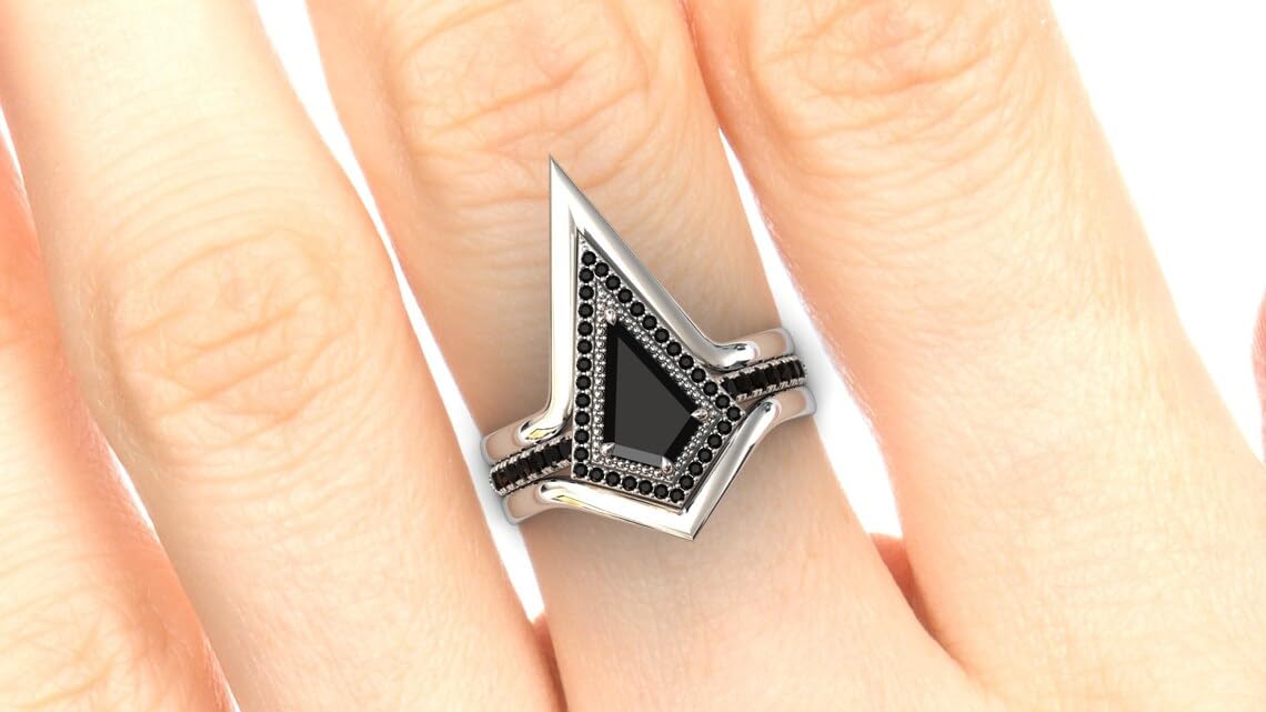 Vintage 1.5 CT Kite Shaped Black Onyx Engagement Ring Set - Art Deco Wedding Band & Anniversary Promise Ring - Antique Style Bridal Jewelry for Women - Perfect for Vintage Weddings, Proposals & Special Occasions