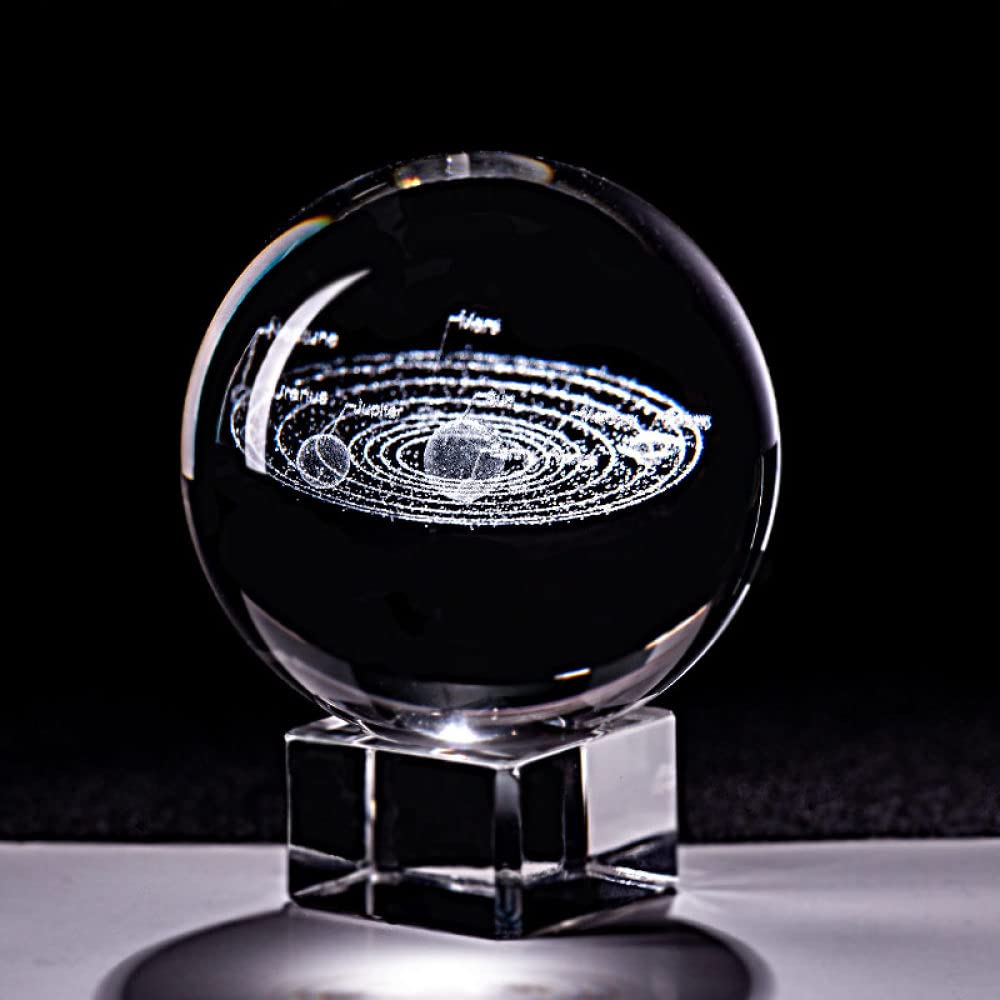 3D Engraved Solar System Crystal Ball Paperweight - 60mm Glass Miniature Planets Model Sphere with Crystal Base for Home Office Decor, Meditation & Unique Gift Ideas
