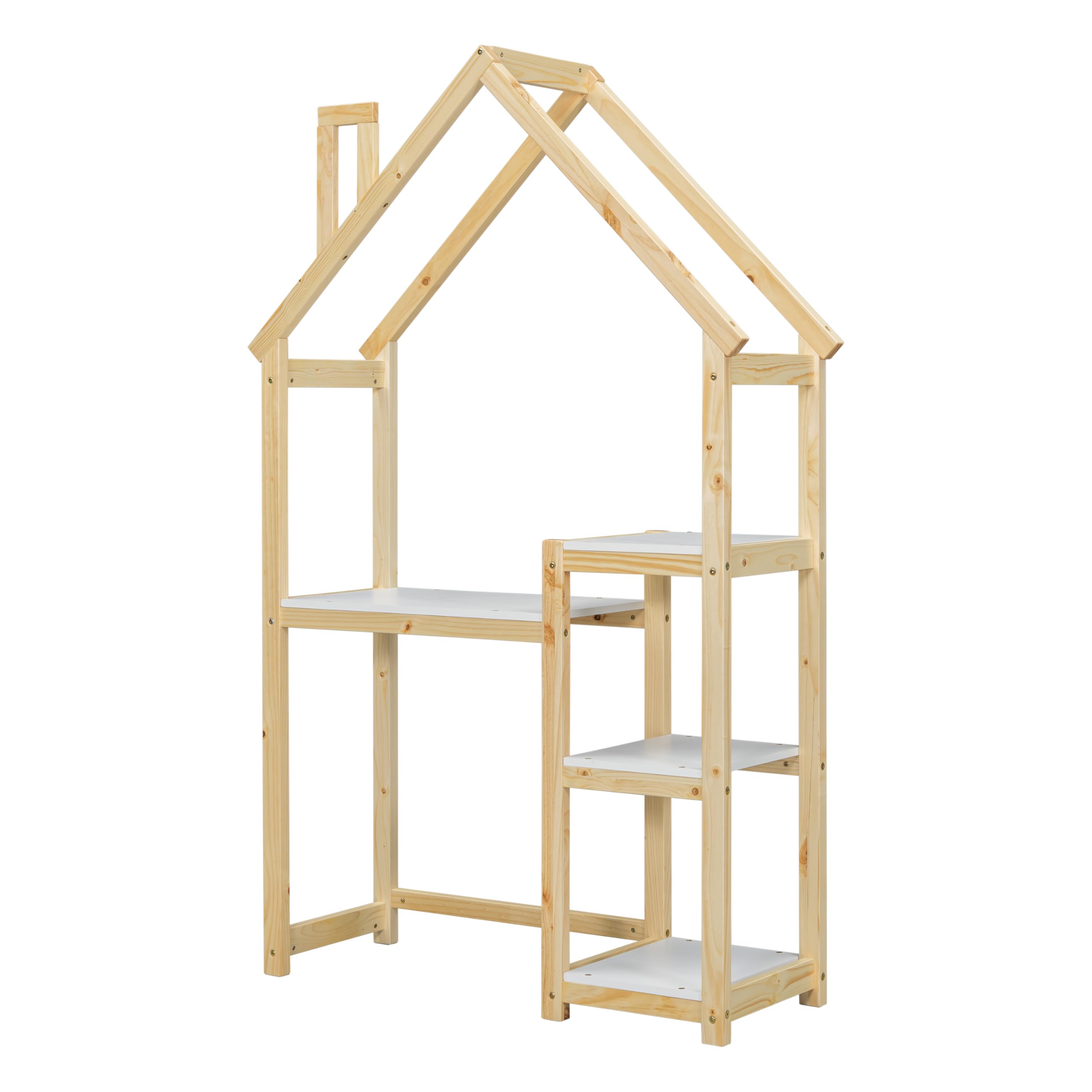 Kids Wooden House-Shaped Writing Desk - Multi-Functional Study Table with 3-Tier Storage Shelves, Open Bookshelf & Toy Organizer - Natural Wood Playroom Furniture for Homework, Crafts & Pretend Play