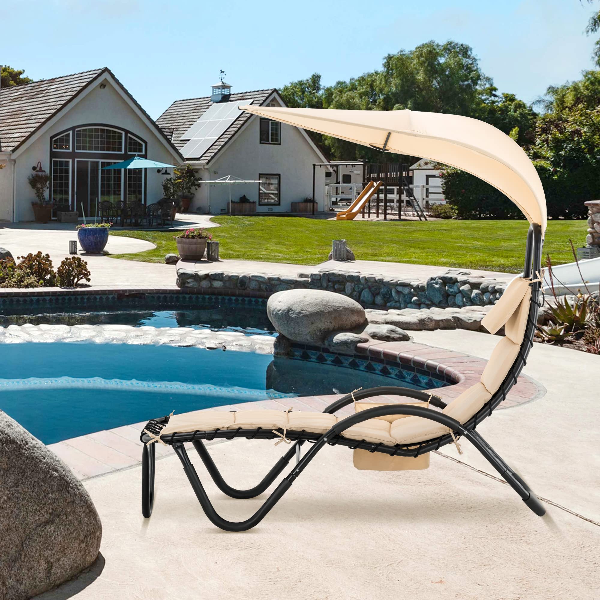 MCombo Outdoor Steel Chaise Lounge Chair with Removable Canopy & Cushions - Adjustable Reclining Patio Chair with Side Pocket & Arc Stand - Perfect for Beach, Poolside, Backyard, Balcony, Porch & Garden Relaxation (Beige)
