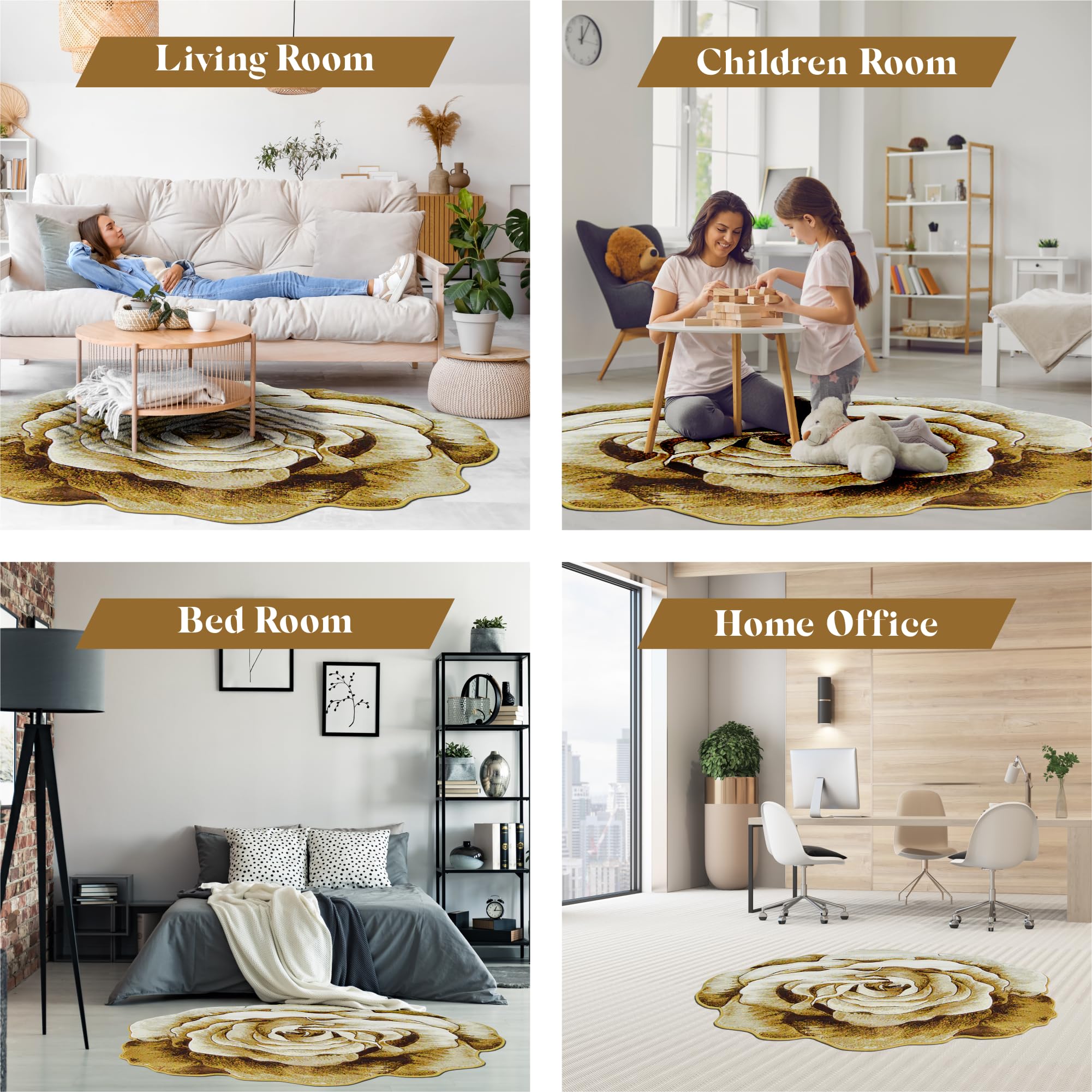 5ft Round Rose Area Rug - Plush Flower Shaped Carpet for Bedroom & Living Room | Soft Girly Circle Rug in Beige 304 | Perfect for Boho Decor, Nursery Floor & Cozy Home Accent