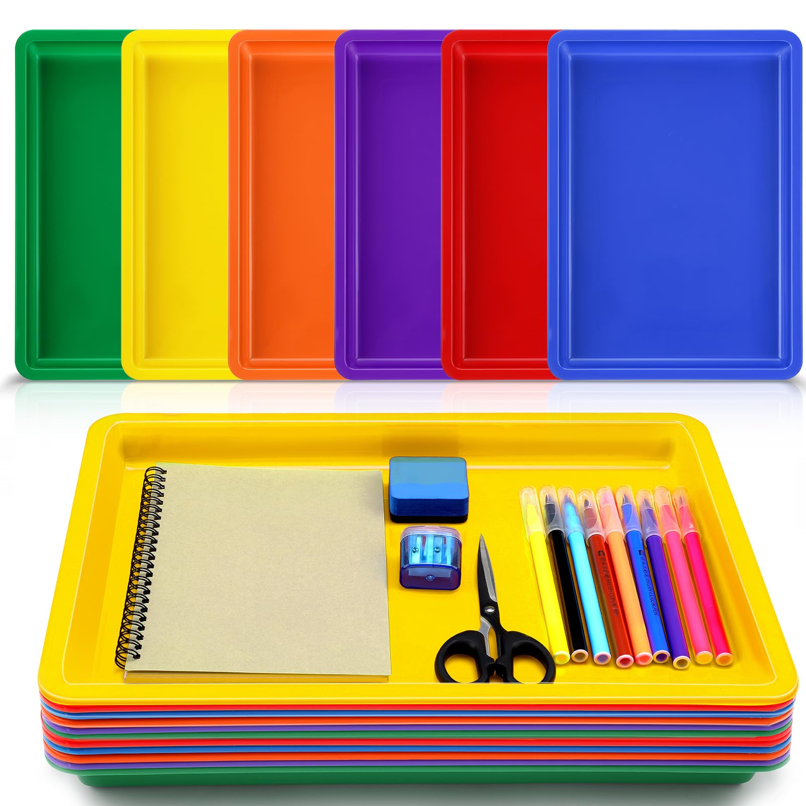 Mifoci 12 Pack Large Plastic Art Trays 16x12x1 Inch, Stackable Kids Activity Craft Trays for Sensory Play, Serving, Organizing, School Classroom DIY Projects, Jewelry Sorting, Sand Painting Supplies, 6 Colors - Perfect for Homeschool, Daycare & Art Studios
