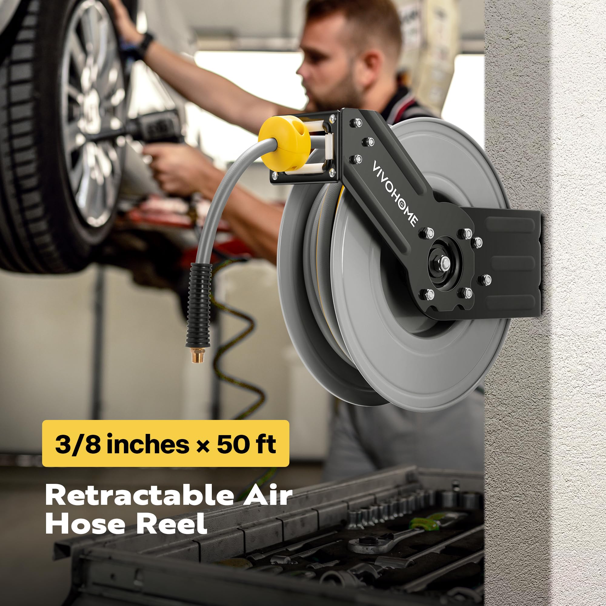 VIVOHOME 50 FT x 3/8 IN Heavy Duty Retractable Air Hose Reel - Steel Air Compressor Hose Reel with 300PSI Max Pressure, Ceiling & Wall Mount - Ideal for Garage, Workshop, and Industrial Use