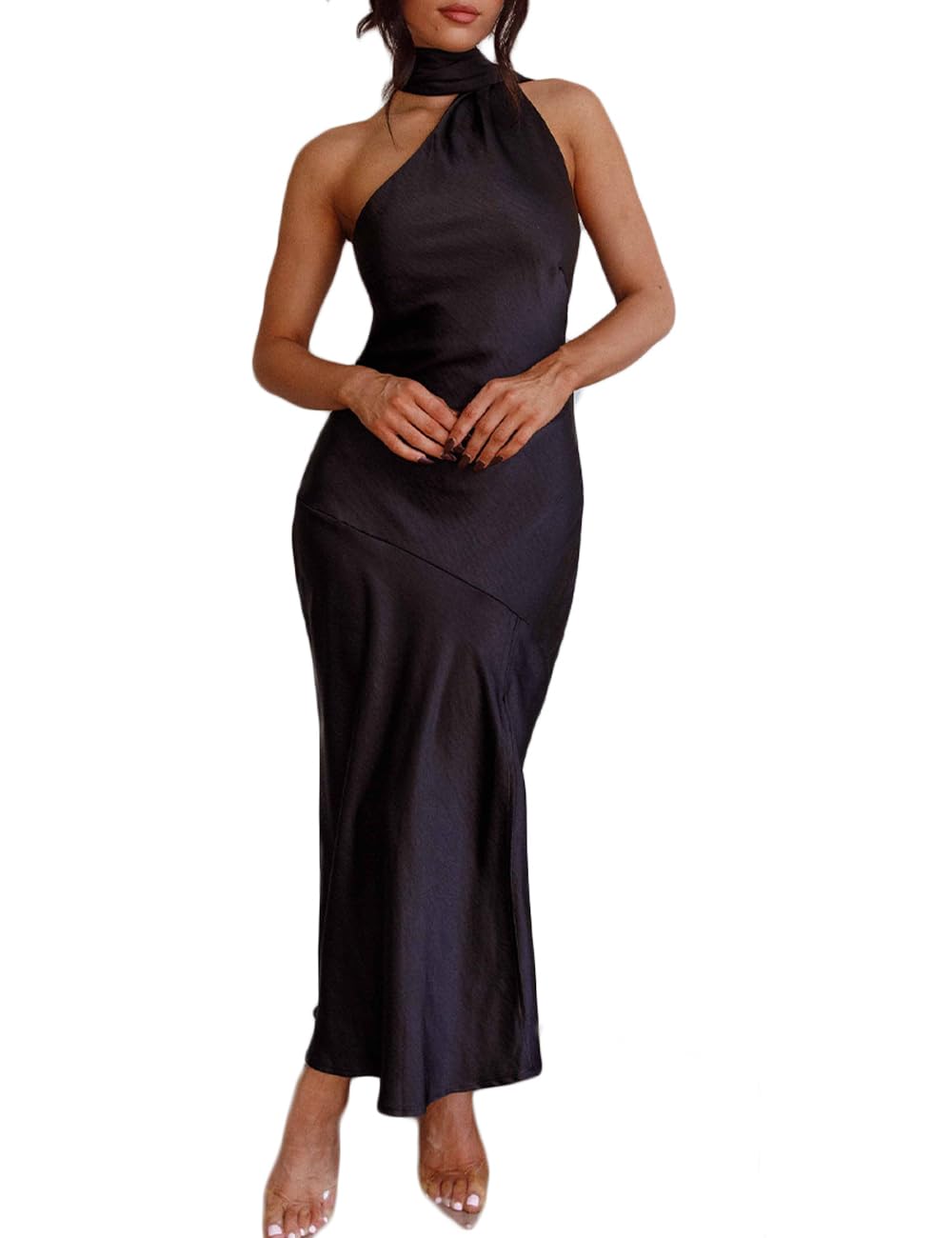 Elegant Satin Backless Halter Wedding Guest Dress for Women - Sleeveless Cowl Neck Midi Cocktail Dress with High Slit | Perfect for Evening Parties, Bridal Showers & Formal Events