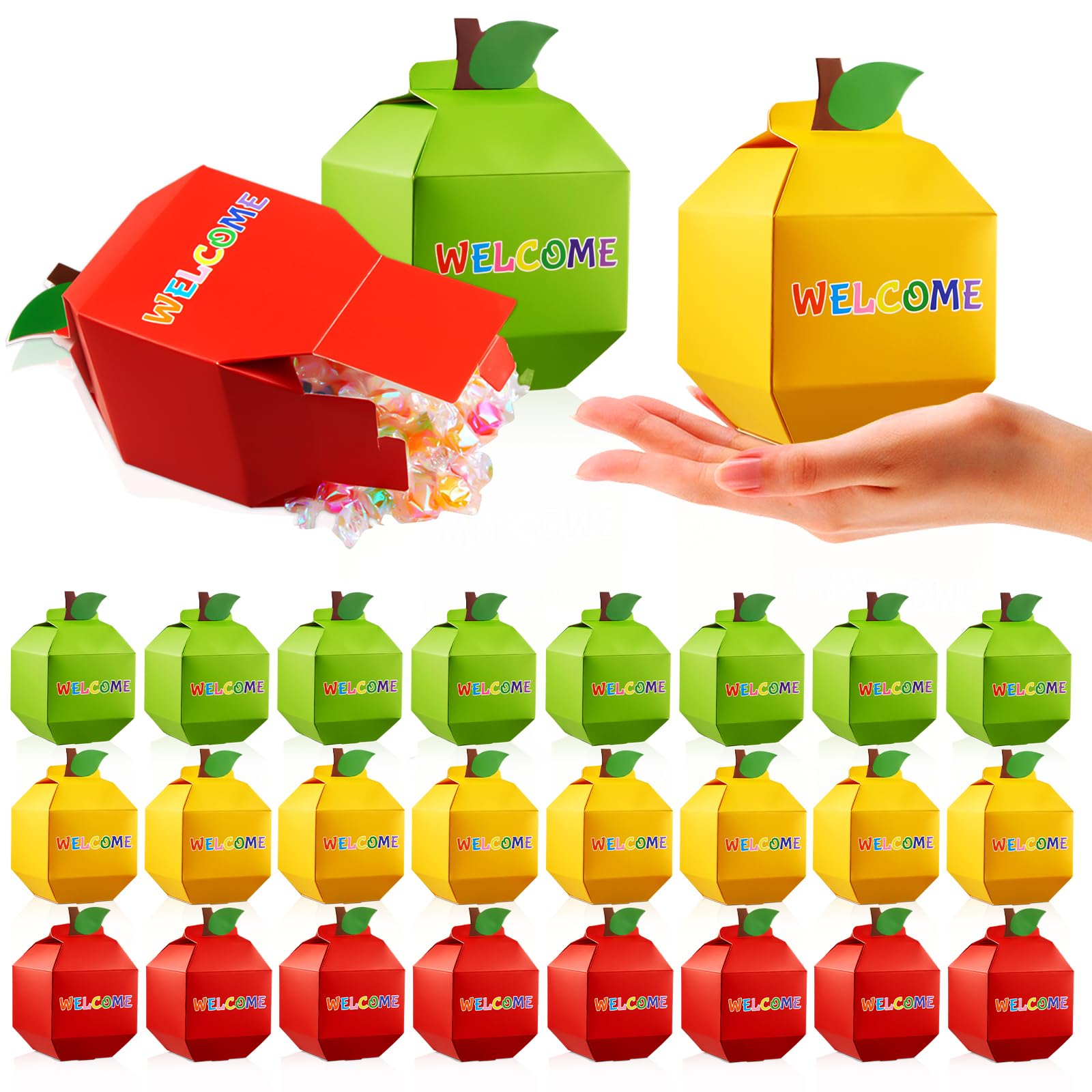 Qilery 24-Piece Welcome Back to School Gift Set - First Day of School Candy Box, Apple Pencil Shaped Treat Box, School Bus Favor Box & Backpack Gift Box for Classroom Decorations, Birthday Parties & Teacher Appreciation Gifts - Perfect for School Celebrations, Student Rewards & Party Favors (Apple Design)