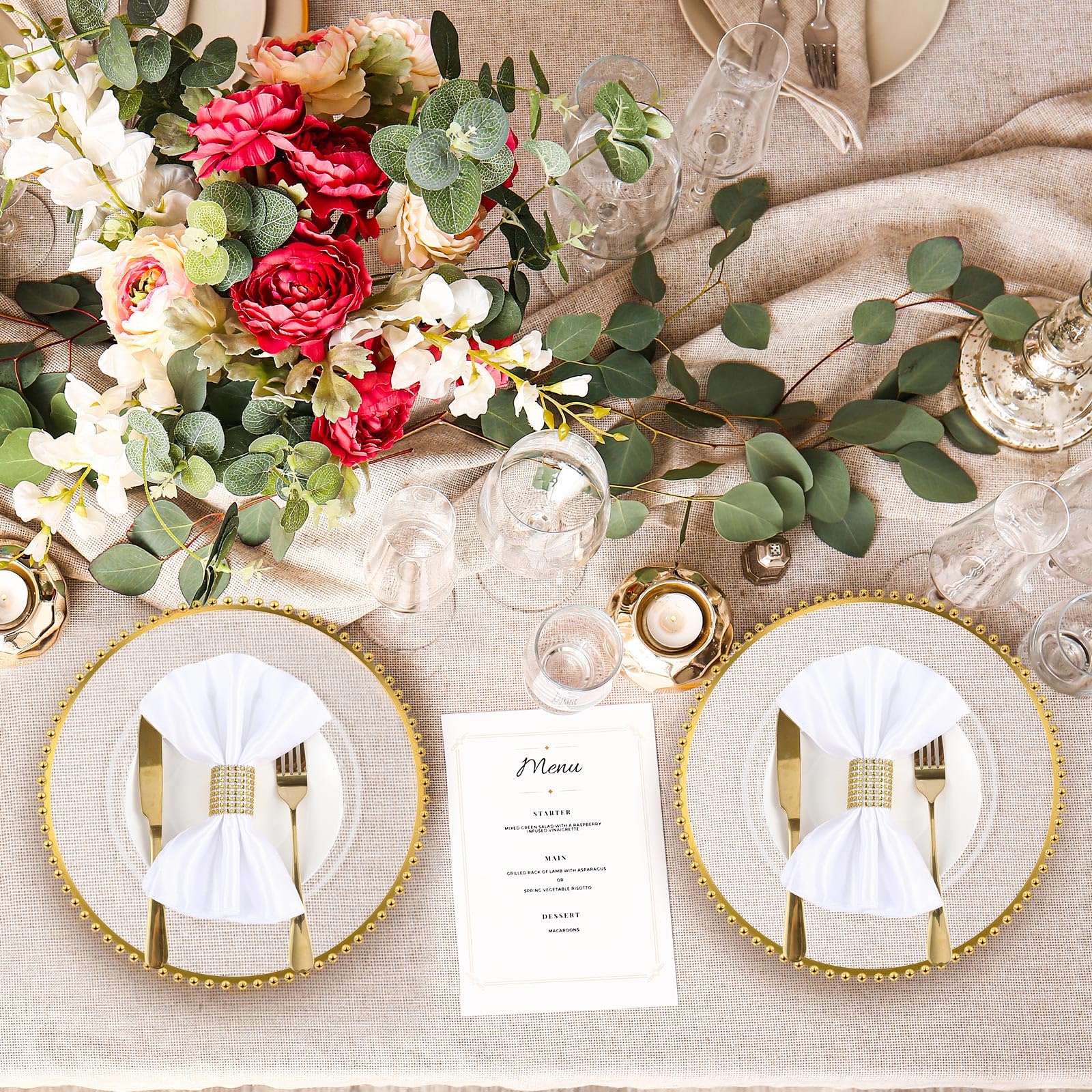 Uiifan 100 Pcs 50 Sets Clear Gold Charger Plates & Napkin Rings - 13 Inch Plastic Beaded Rim Acrylic Dinner Plates for Wedding, Party, Banquet Table Decorations - Elegant Table Setting for Formal Events & Holiday Dinners