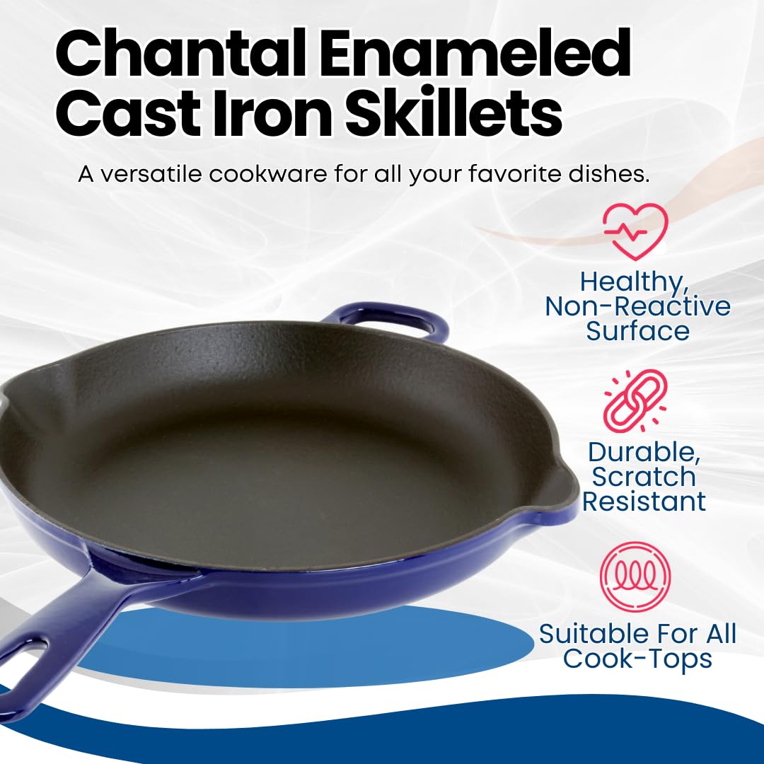 Chantal Enameled Cast Iron 10-Inch Skillet - Cobalt Blue | Durable Nonstick Cookware for Stovetop, Oven & Camping | Perfect for Searing, Frying & Baking