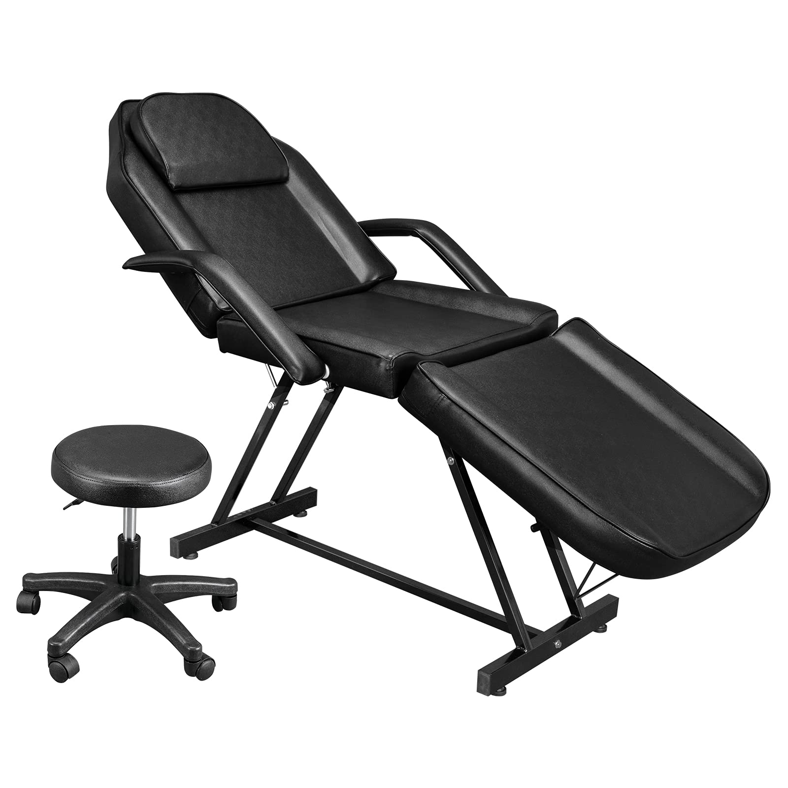 OmySalon Professional Hydraulic Massage Chair & Facial Bed - Adjustable 3-Section Beauty Salon Table with Stool for Tattoo, Barber, Spa & Esthetician Services | Perfect for Tattoo Parlors, Beauty Salons & Spa Centers (Black)