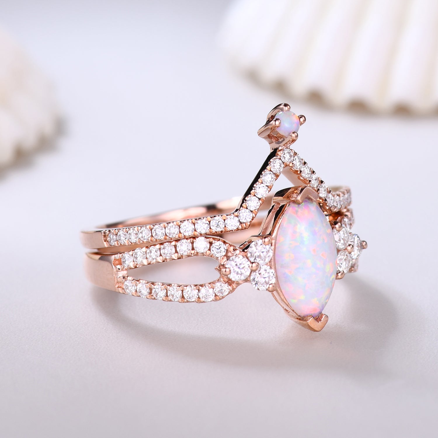 Vintage Marquise Opal Engagement Ring Set - 14K Rose Gold Curved V Moissanite Wedding Band for Women, Unique Vintage Style Jewelry Gift for Brides, Anniversaries & Special Occasions