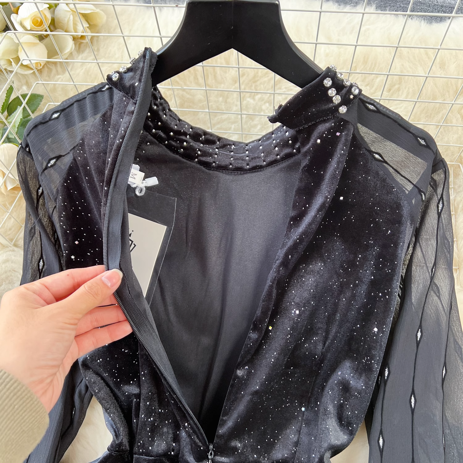 Elegant Black Velvet Beaded Dress with Sequins - Perfect for Evening Parties, Weddings & Special Occasions