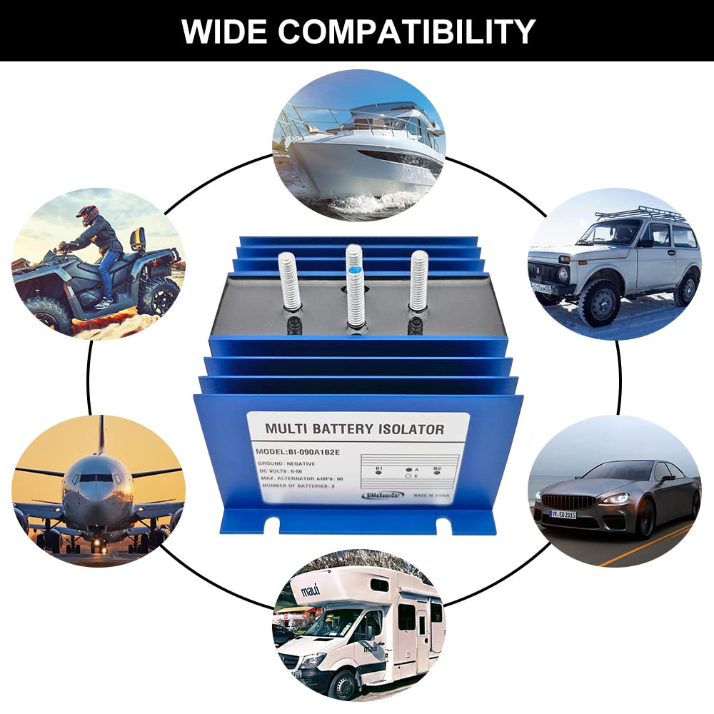 90A DC-DC Battery Isolator Charger 6-50V for Car, Boat, RV, UTV - Multi-Battery Parallel Circuit Charging System - Perfect for Off-Grid Power & Vehicle Electrical Systems