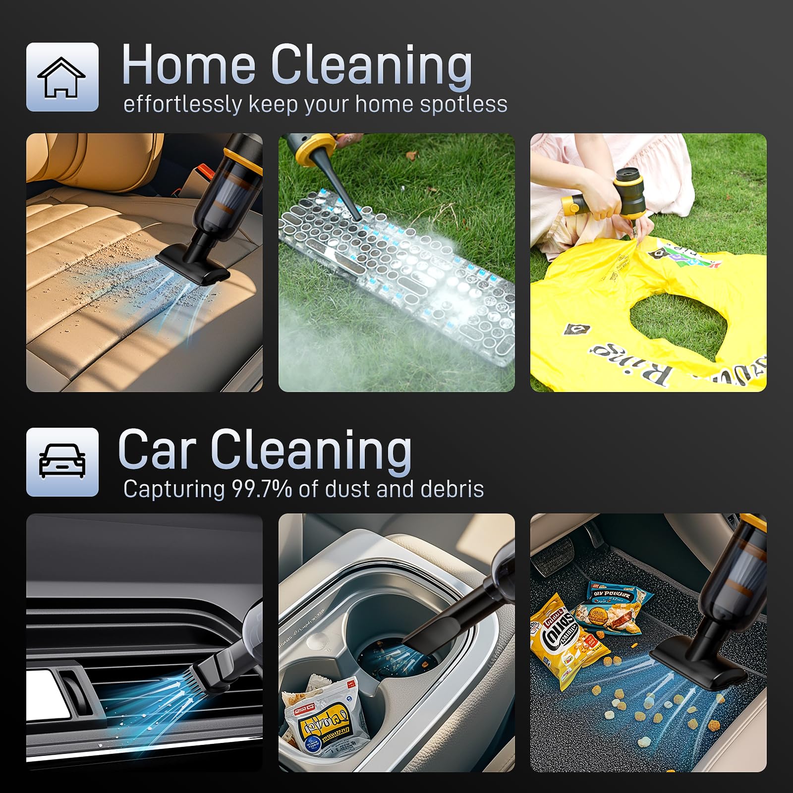 4-in-1 Cordless Car Vacuum Cleaner with 15000PA Powerful Suction - 120W Brushless Motor, 30 Min Runtime - Portable Mini Vacuum for Cars, Home & Pet Hair Removal - Ideal for Car Detailing, Upholstery Cleaning & Pet Owners