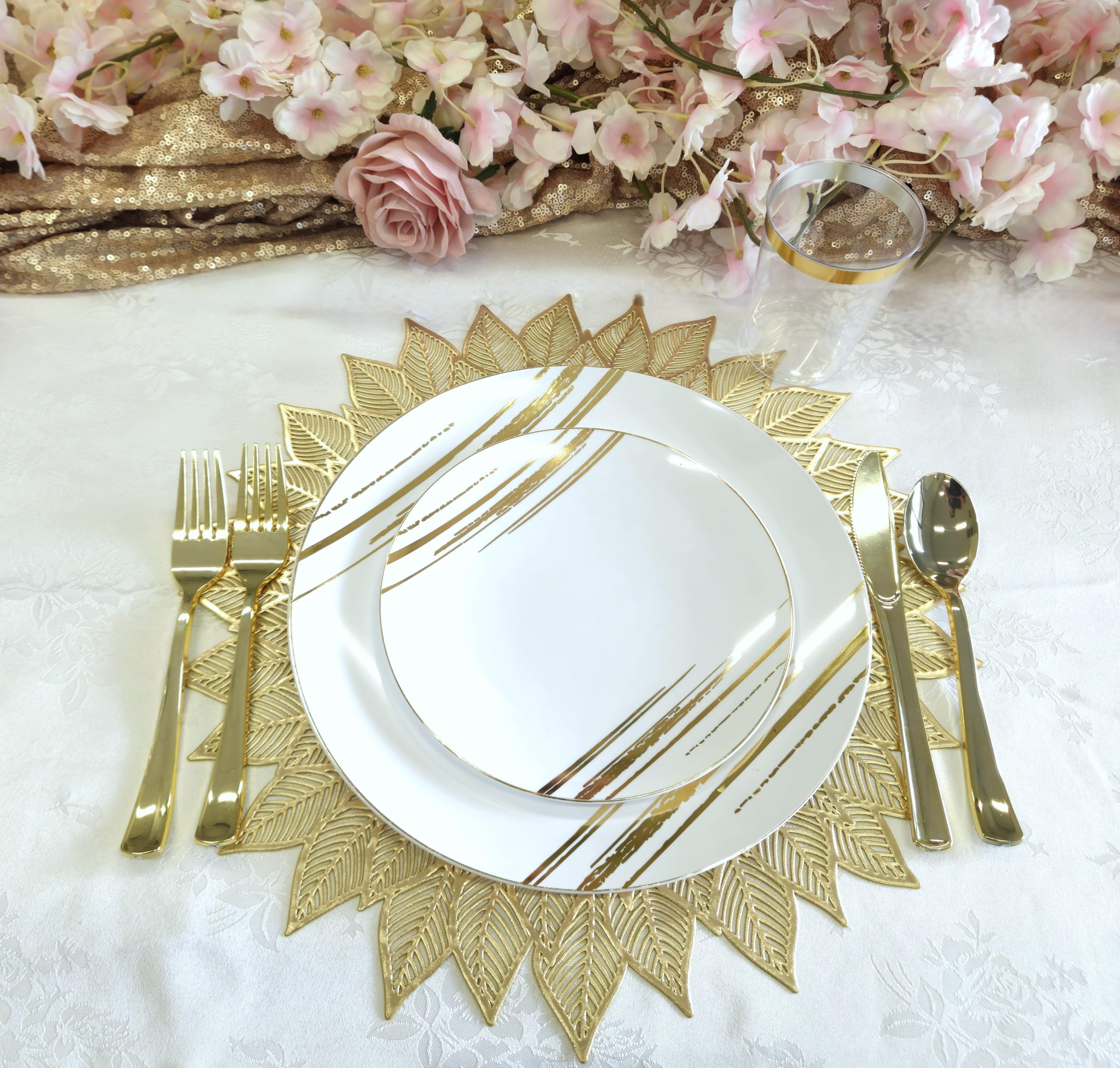 120-Piece Metallic Gold Vinyl Placemats Set - Elegant Pressed Table Mats for Weddings, Parties & Special Occasions - Dhalia Pattern Matt Gold Centerpiece Decor