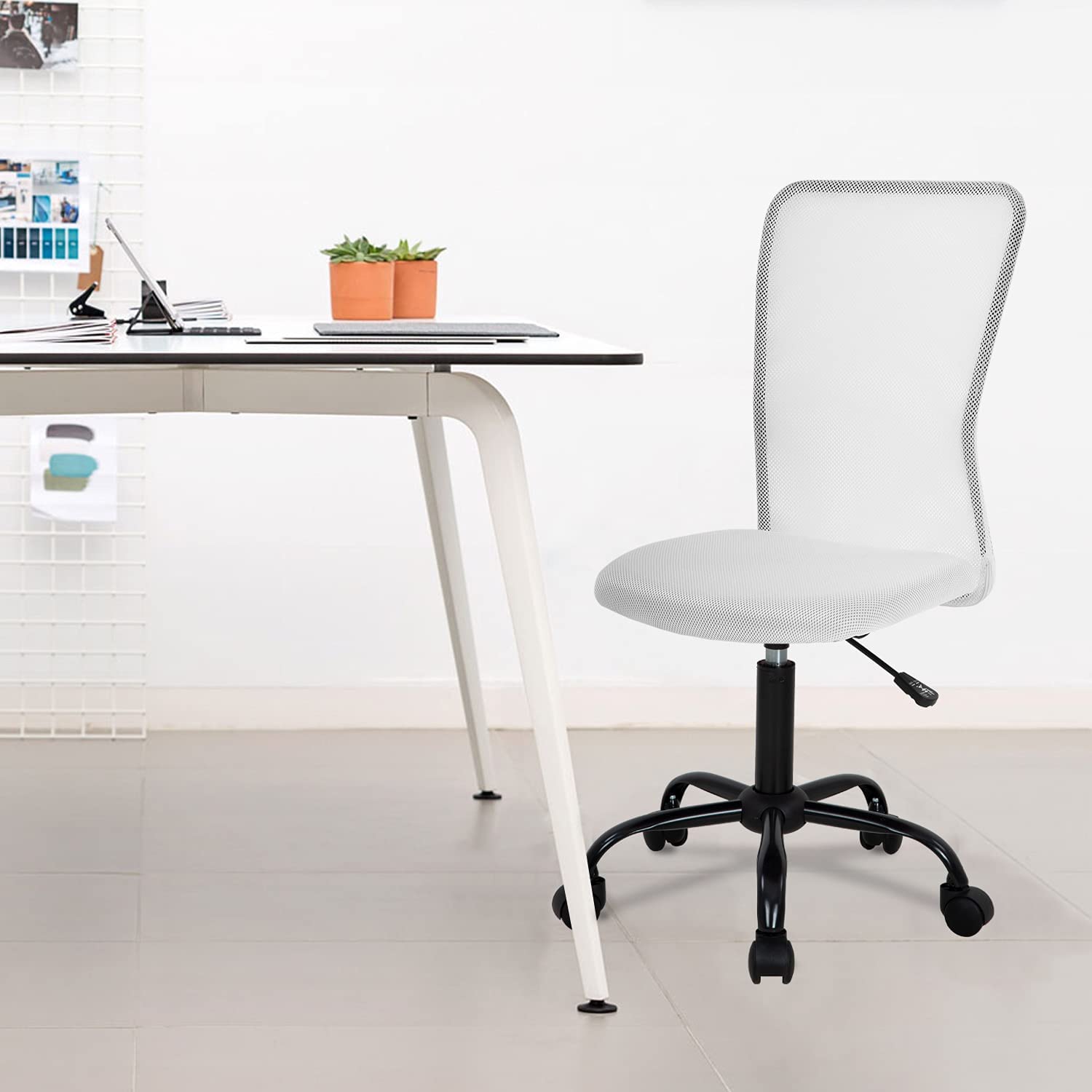 Ergonomic Mesh Office Chair - Adjustable Swivel Rolling Computer Desk Chair with Wheels for Home & Office - Modern Executive Task Chair for Women & Men, Armless Design, White - Perfect for Long Work Hours, Gaming, and Remote Work