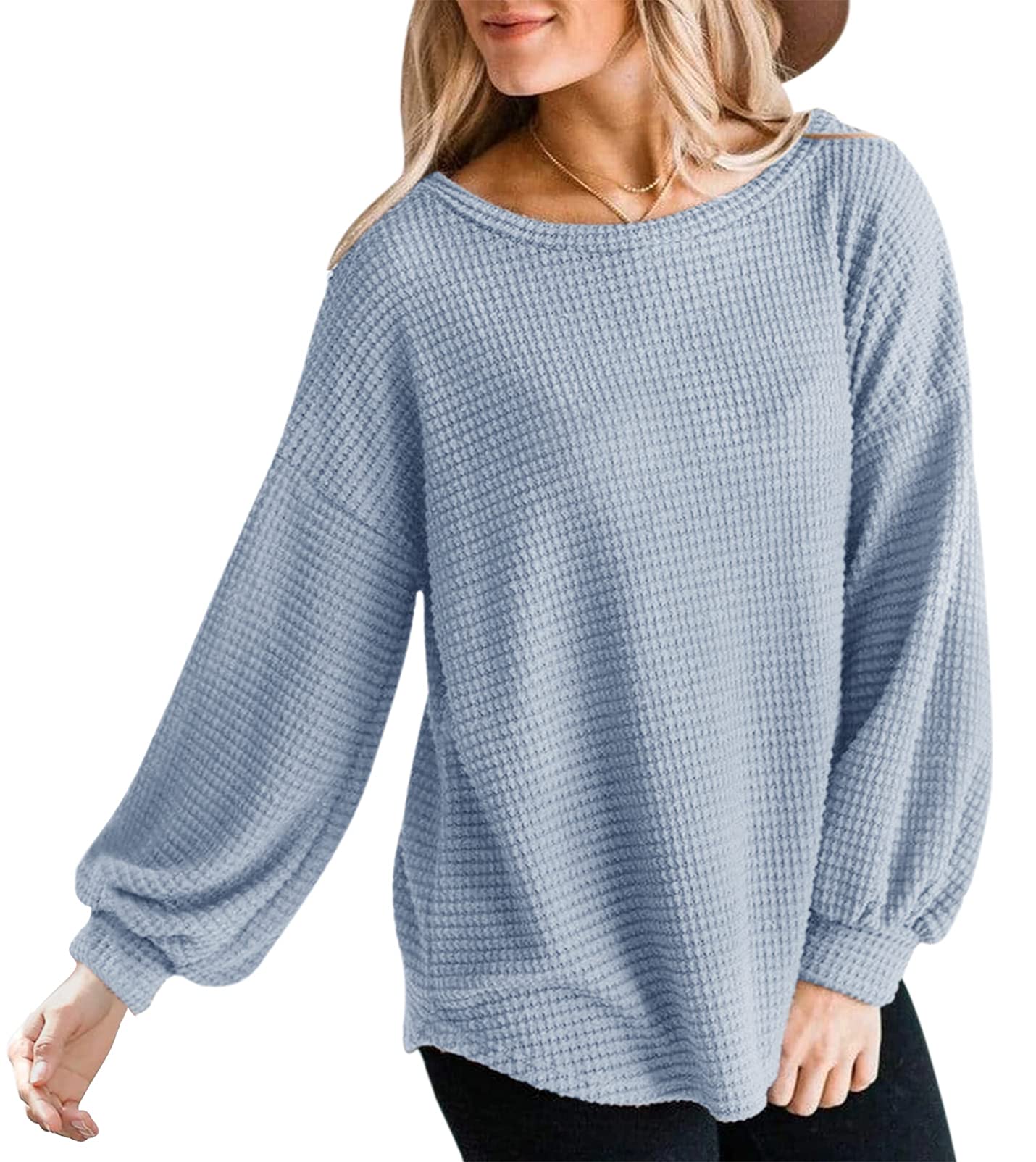 MEROKEETY Women's Long Sleeve Waffle Knit Sweater - Oversized Crew Neck Pullover Top with Balloon Sleeves | Casual Fall Winter Fashion, Coffee Date Outfit, Cozy Layering Piece