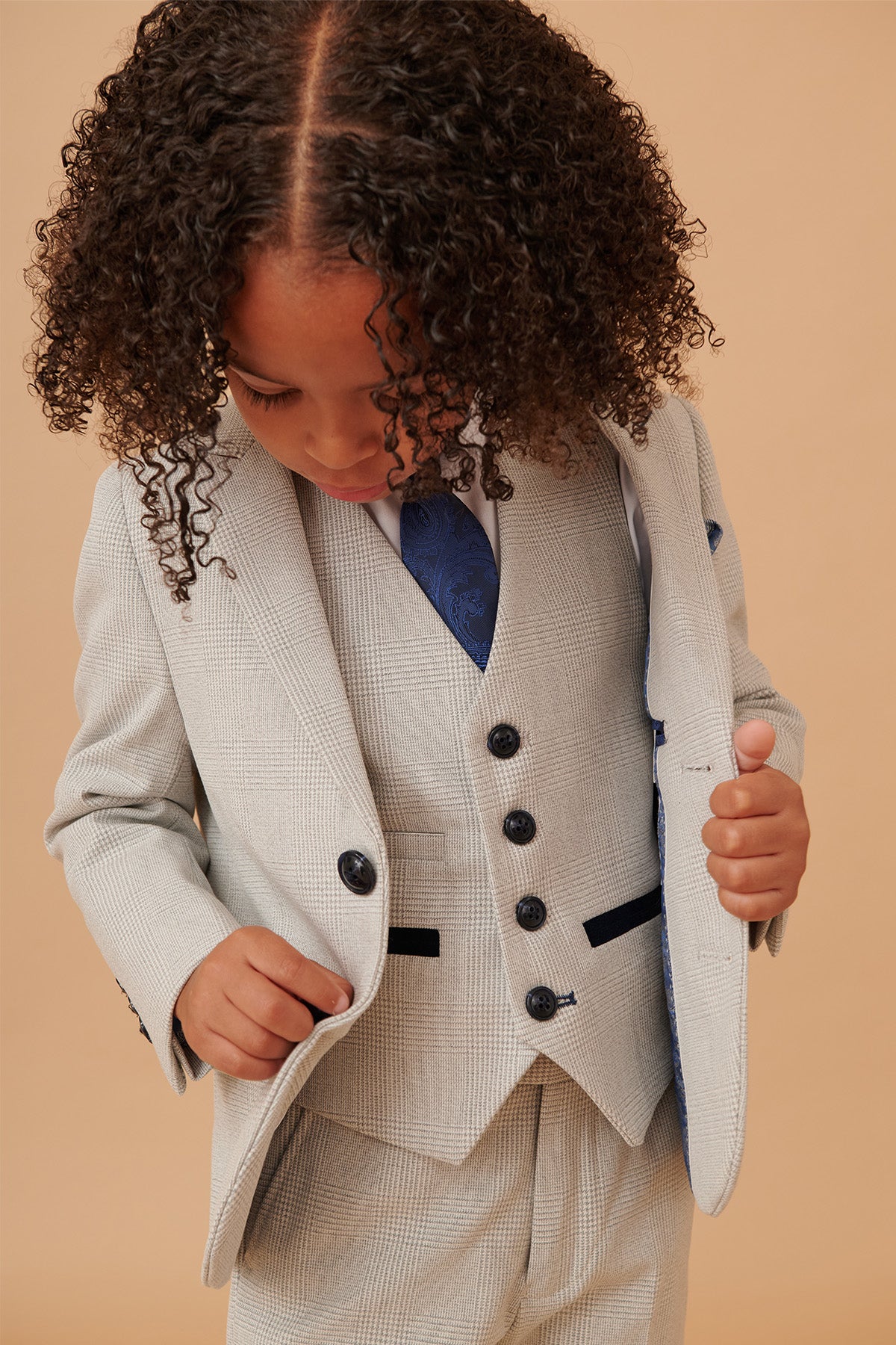 BROMLEY Kids' Stone Check Print 3-Piece Suit for Boys - Formal Wear for Weddings, Parties & Special Occasions