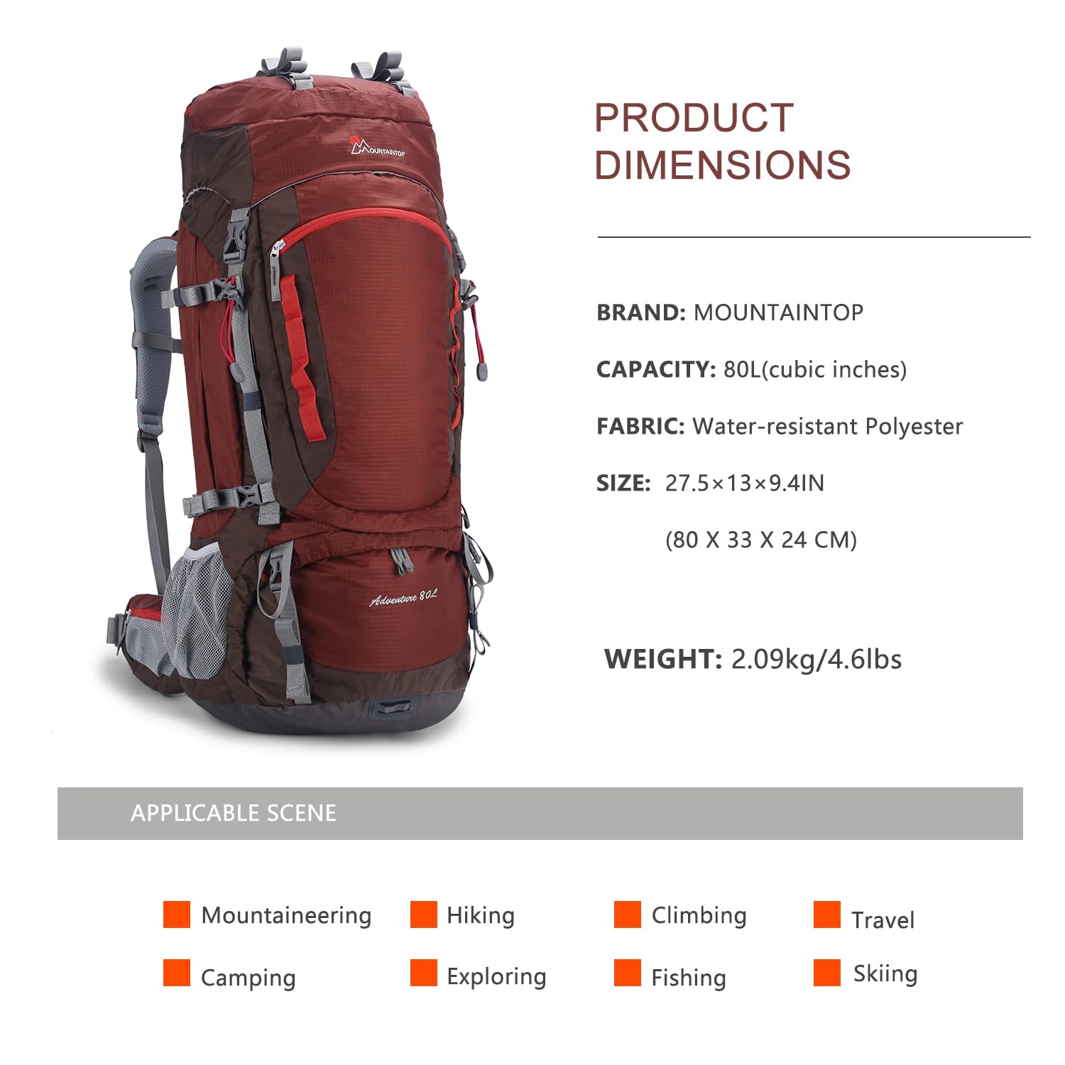 MOUNTAINTOP 80L Hiking Backpack for Men & Women with Rain Cover - Perfect for Camping & Trekking