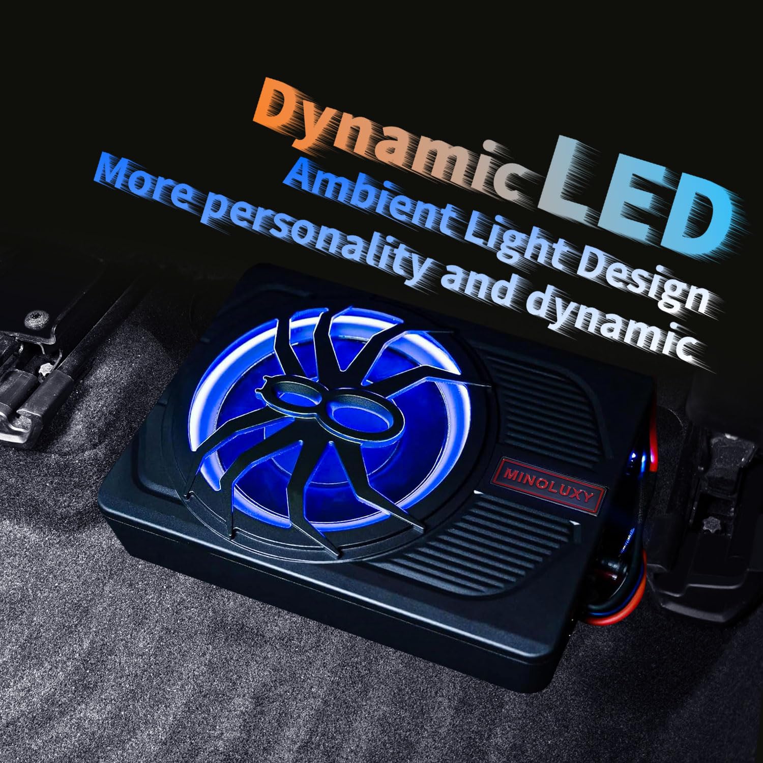 10 Inch 800W Slim Under Seat Powered Car Subwoofer with Built-in Amplifier & Blue LED Lights - High Performance Bass for Cars & Trucks - Perfect for Road Trips, Music Lovers & Enhanced Audio Experience