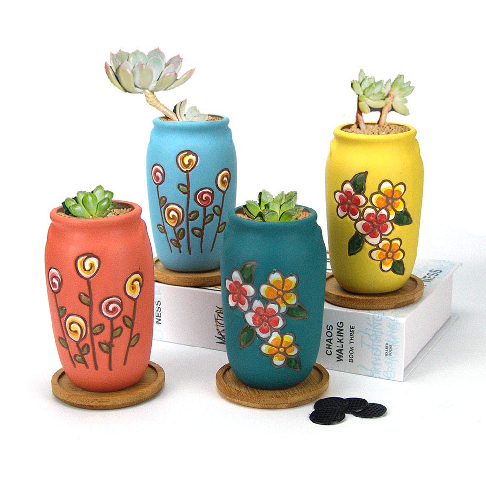 2.5 Inch Hand Painted Ceramic Succulent Planter Pots with Drainage Hole & Saucer - Set of 4 Round Cactus Planters in Green, Yellow, Orange & Blue - Perfect for Home Decor, Office Desk & Indoor Gardening Gifts