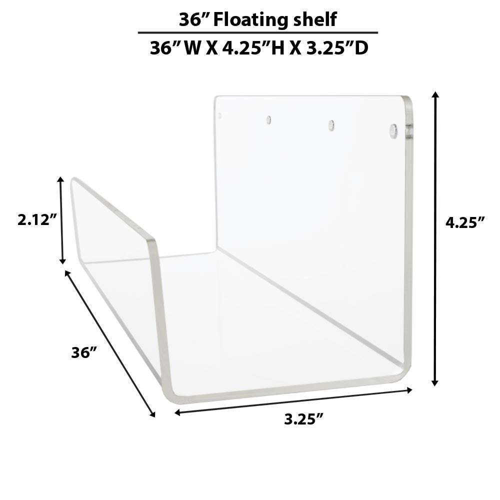 Source One Premium Clear Acrylic Floating Wall Mount Shelves - 36 Inch, Pre-Drilled for Easy Installation - Perfect for Books, Magazines & Displaying Collectibles - Ideal for Living Room, Bedroom & Office Organization
