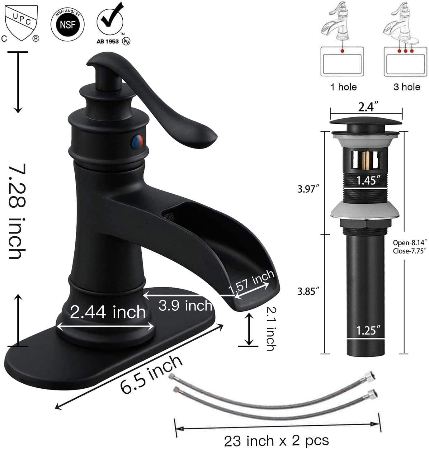 Black Matte Waterfall Bathroom Faucet with Pop-Up Drain - Farmhouse Vanity Sink Faucet Set Includes Hole Cover & Escutcheon Plate - Perfect for Modern & Rustic Bathroom Decor