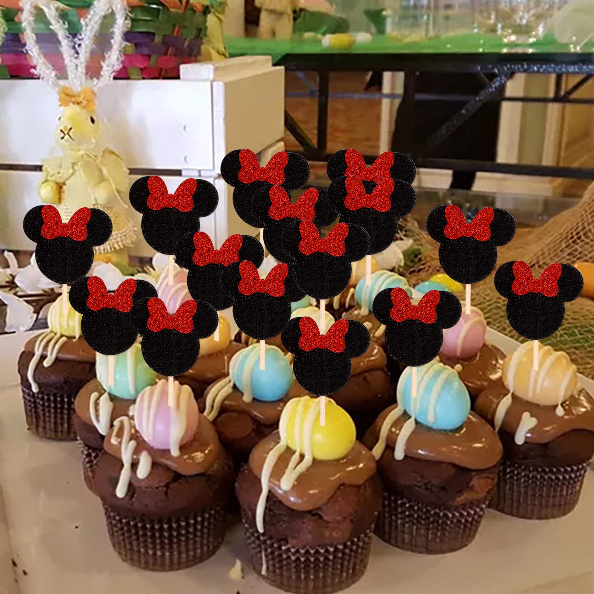 Ercadio Mouse Inspired Cupcake Toppers with Red Bow - Black Glitter Cupcake Picks Decorations (24 PCS) for Baby Shower, Kids Birthday Party, Girls Celebration - Perfect for Dessert Decor, Baking Supplies, and Themed Events