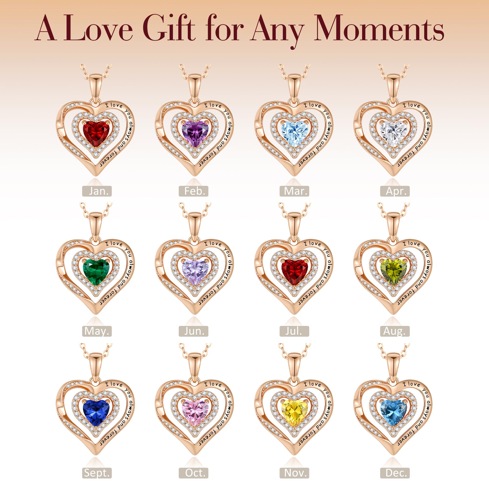 Rose Gold Heart Birthstone Necklace for Women - S925 Sterling Silver Pendant Jewelry, I Love You Always & Forever Gift for Wife, Girlfriend, Mom - Perfect for Anniversary, Birthday, Valentine's Day & Special Occasions