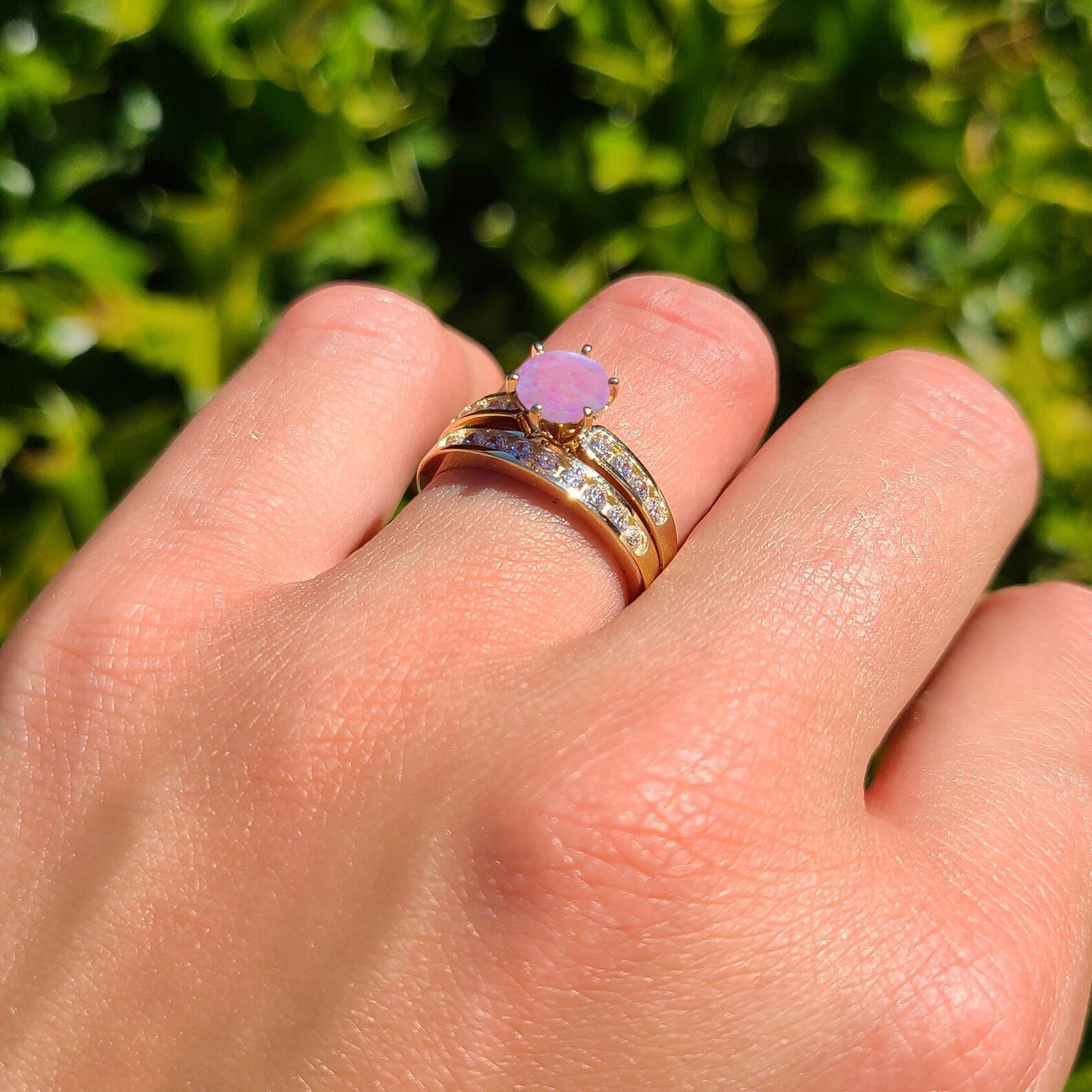 14K Yellow Gold Two Piece Half Eternity Round Lab Created Pink Opal Cathedral Ring - Elegant Stackable Wedding Band for Women, Perfect for Anniversary, Engagement & Everyday Jewelry