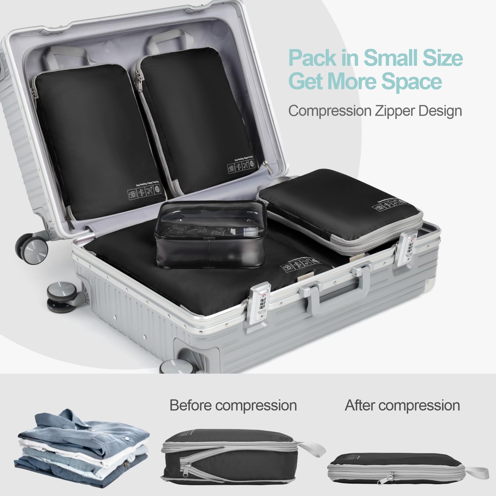 Cambond Compression Packing Cubes for Travel - 4-Piece Luggage Organizer Set with Zippered Compartments | Space-Saving Travel Essentials for Women & Men | Perfect for Carry-On Suitcases, Backpacks, and Business Trips