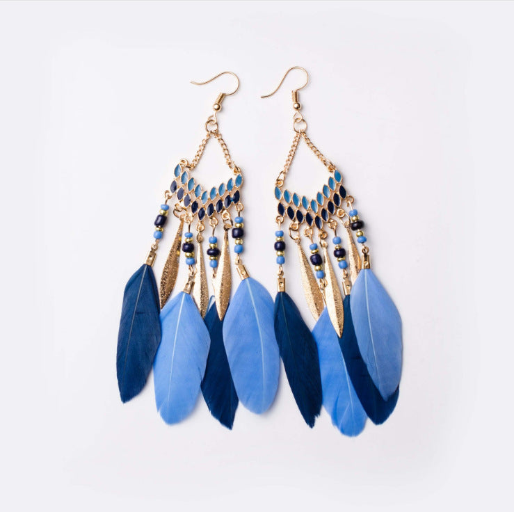 Vintage Bohemian Feather Earrings with Chain Tassel - Handmade Boho Jewelry for Women, Perfect for Festivals, Parties, and Casual Wear