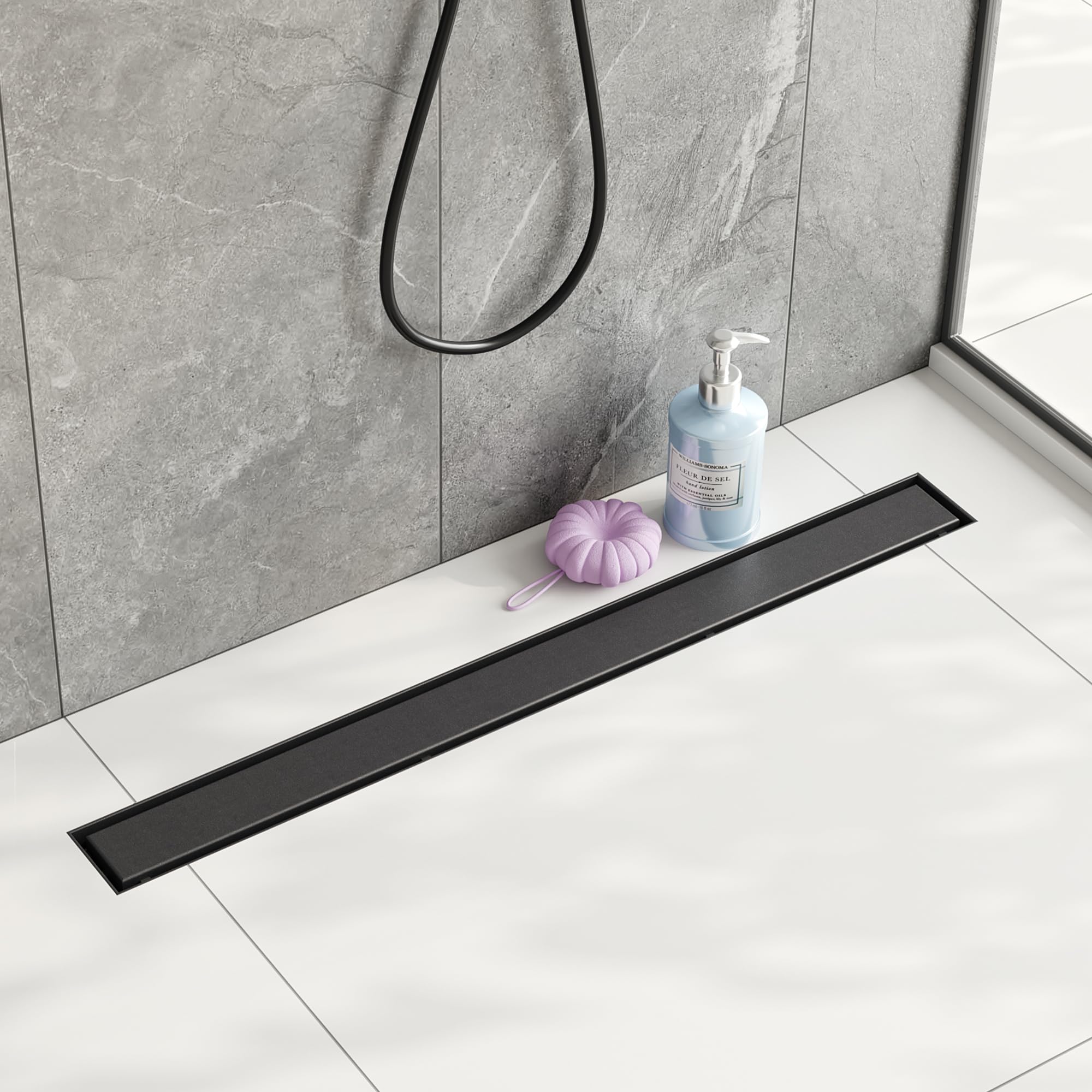28-Inch Black Linear Shower Drain with 2-in-1 Flat & Tile Insert - Adjustable Leveling Feet & Hair Strainer - Modern Bathroom Floor Drain for Tile & Stone Showers - Perfect for Luxury Home & Spa Renovations