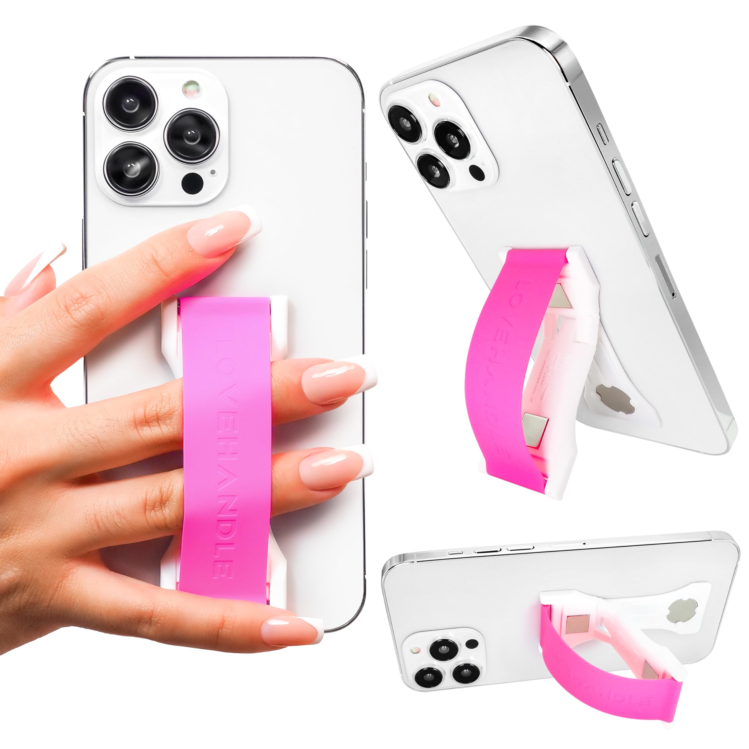 LOVEHANDLE PRO Premium Phone Grip - Magnetic Phone Holder & Kickstand for iPhone, Samsung, Smartphones & Tablets - Non-Slip Silicone Strap (Hot Pink/White) - Perfect for Driving, Workouts & Hands-Free Use