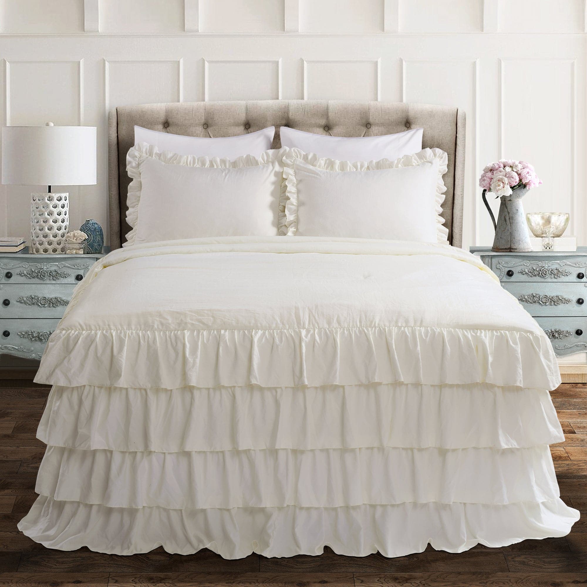 Allison Ruffle Skirt Bedspread Set - Elegant Floral Printed Queen Size Bedding with Ruffled Skirt | Perfect for Master Bedroom, Guest Room & Vacation Home Decor