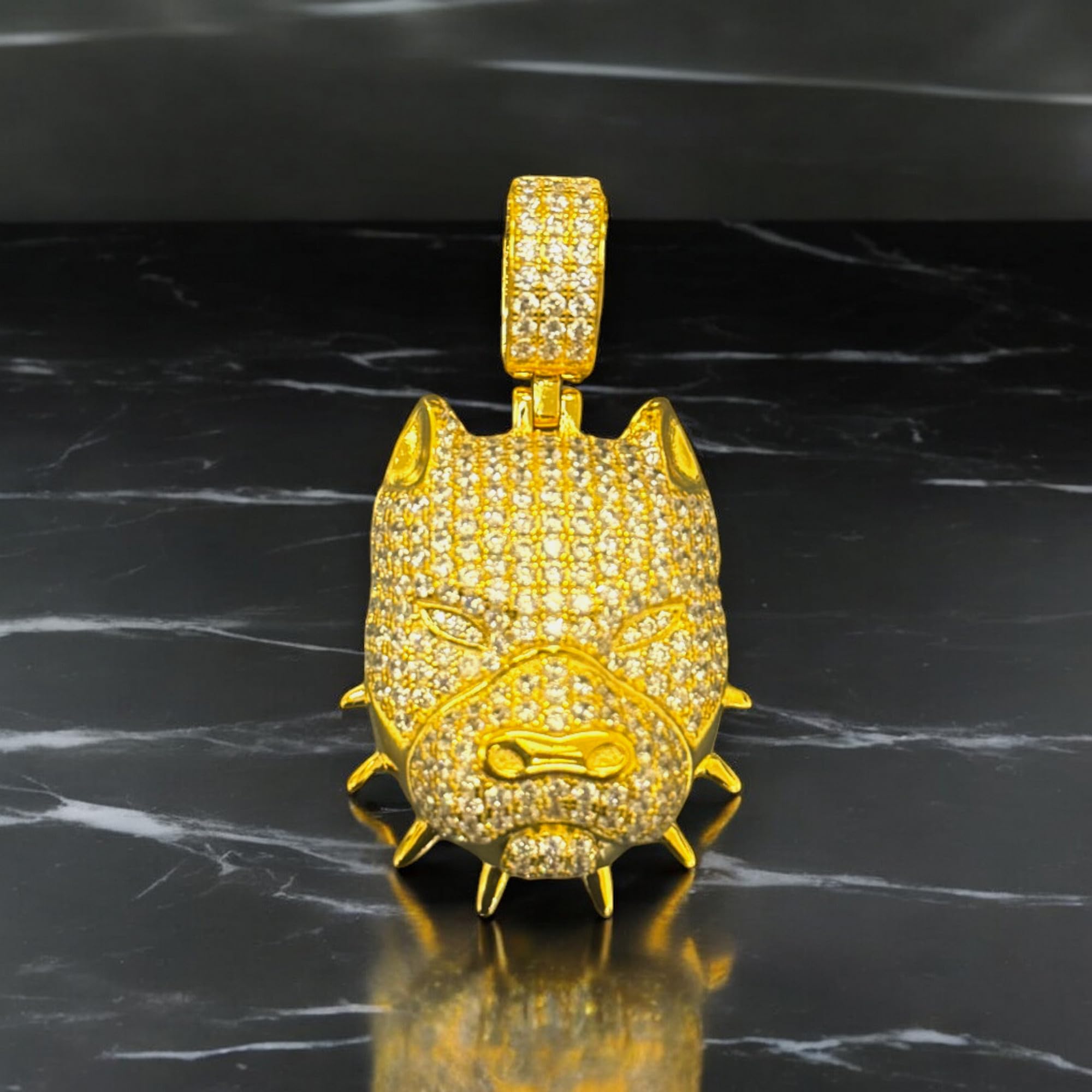925 Sterling Silver & 14k Gold Angry Bull Dog Spike Collar Charm Pendant with 3mm Stainless Steel Rope Chain Necklace for Men & Women - Iced Out Hip Hop Jewelry, Perfect for Streetwear Fashion & Gift Giving