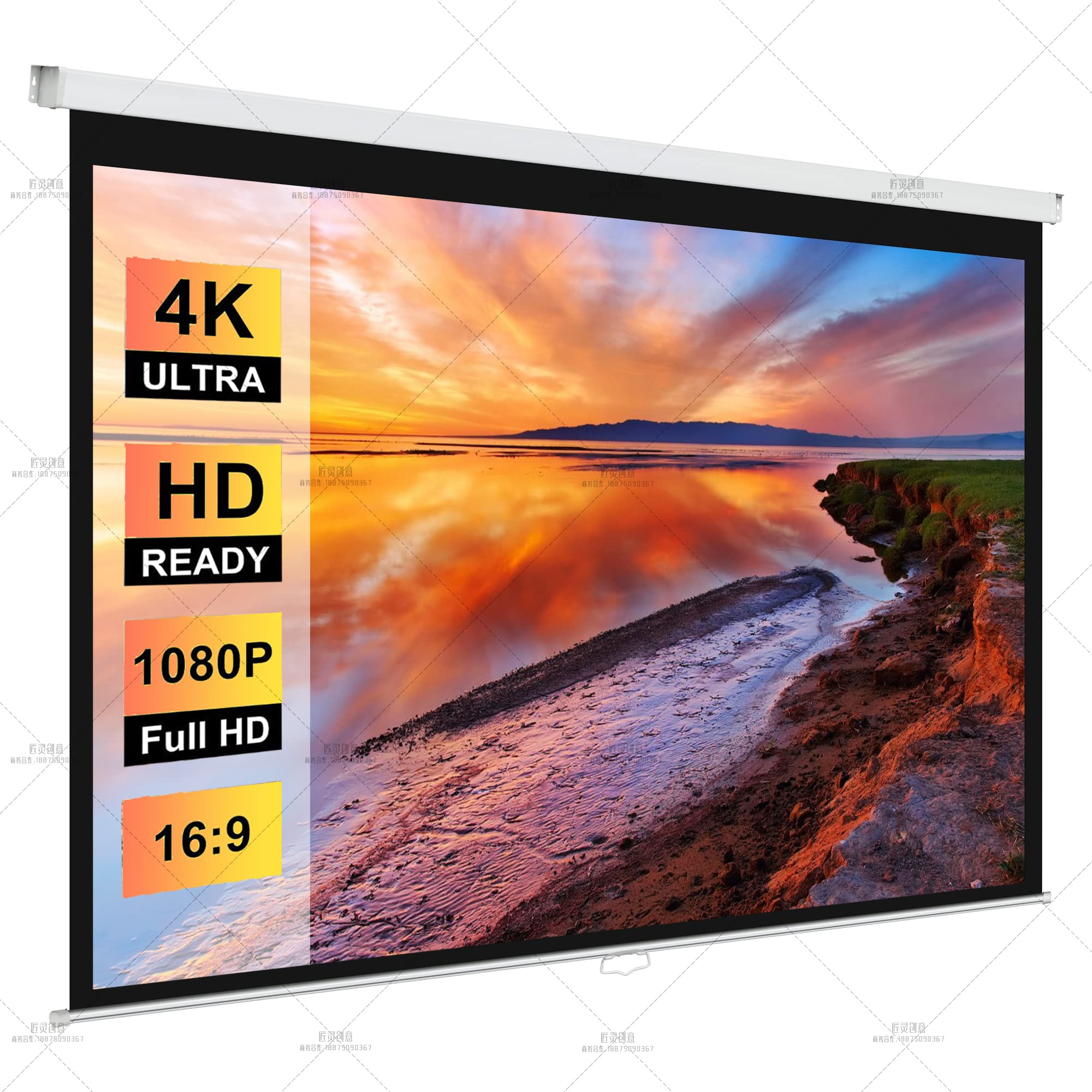ProHT 84-Inch Manual Pull Down Projector Screen - 16:9 Aspect Ratio Matte White Projection Screen for Home Theater, Presentations & Movies | Perfect for HDTV, Sports, Office Meetings & Classroom Use