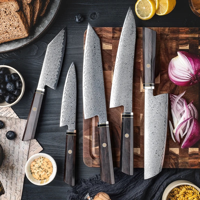 Premium Japanese VG10 Damascus 5-Piece Chef Knife Set with Exotic Ebony Wood Handle & Leather Sheath - Professional Kitchen Cutlery for Cooking, Slicing & Food Preparation