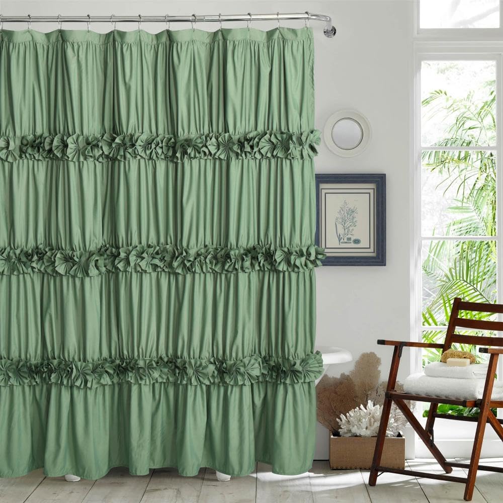 Vintage Light Green Ruffle Shower Curtain with Handcrafted Bow Tie - 72x72 Inch Ruched Microfiber Bath Curtain for Master Bathroom - 12 Buttonholes Design (LQ-10) - Perfect for Vintage Style Bathrooms, Guest Baths & Farmhouse Decor