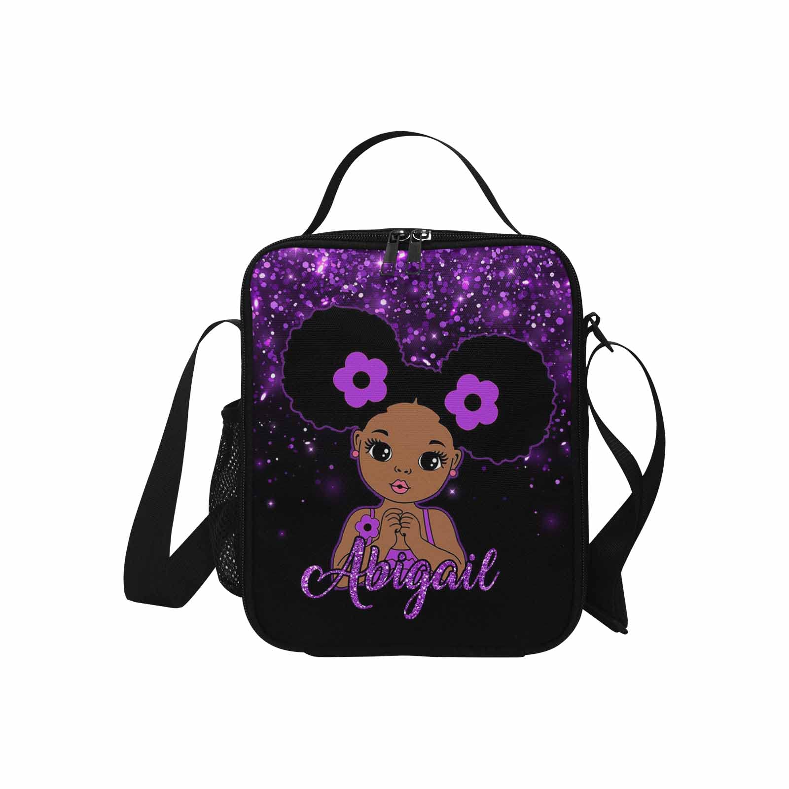 Custom Text Lunch Bag with Adjustable Shoulder Strap - Purple Shining Texture Afro Black Girl Design - Personalized Reusable Lunch Box Tote for Women, Girls & Boys - Perfect for School, Work, Picnic & Outdoor Activities