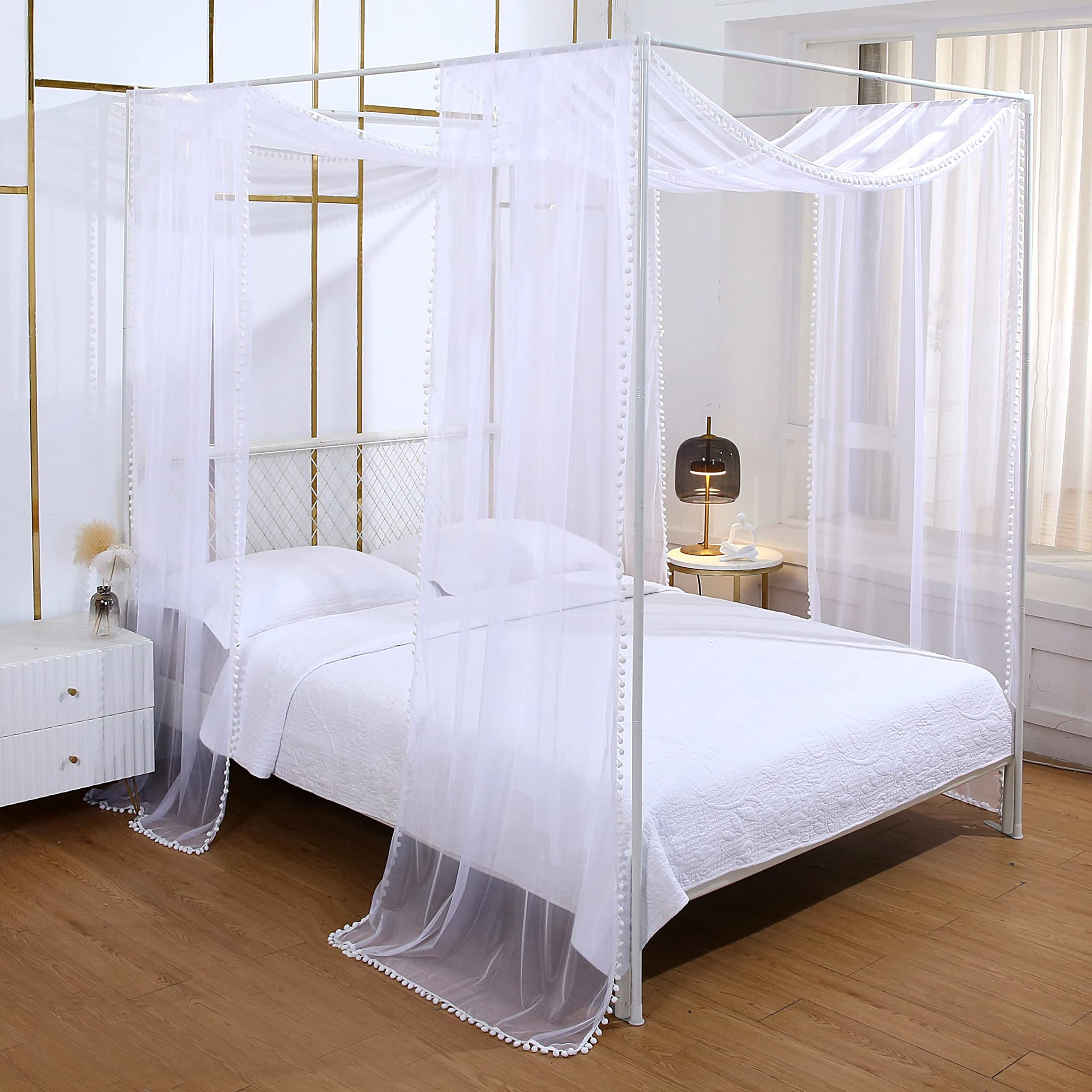 Elegant Akiky Pom Pom Canopy Bed Curtains - Sheer 2-Panel Princess Bed Canopy for Full/Queen Size Metal or Wood Bed Frames (White) - Perfect for Girls' Bedrooms, Boho Decor & Romantic Bedroom Makeovers