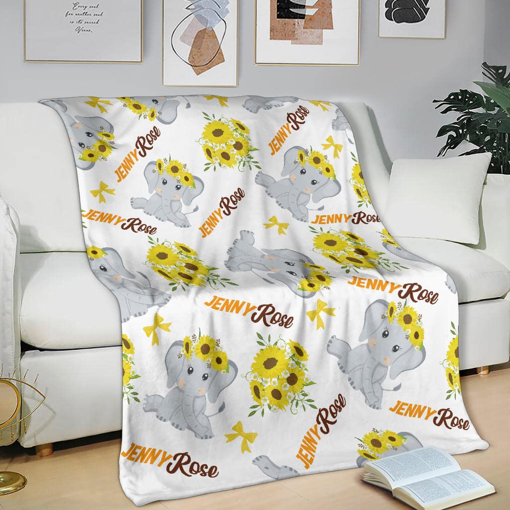 Personalized Sunflower Baby Elephant Blanket with Name - Soft Nursery Blanket for Girls & Boys - Large Size Baby Shower Gift for Newborns & Toddlers - Perfect for Cribs, Strollers & Photo Props