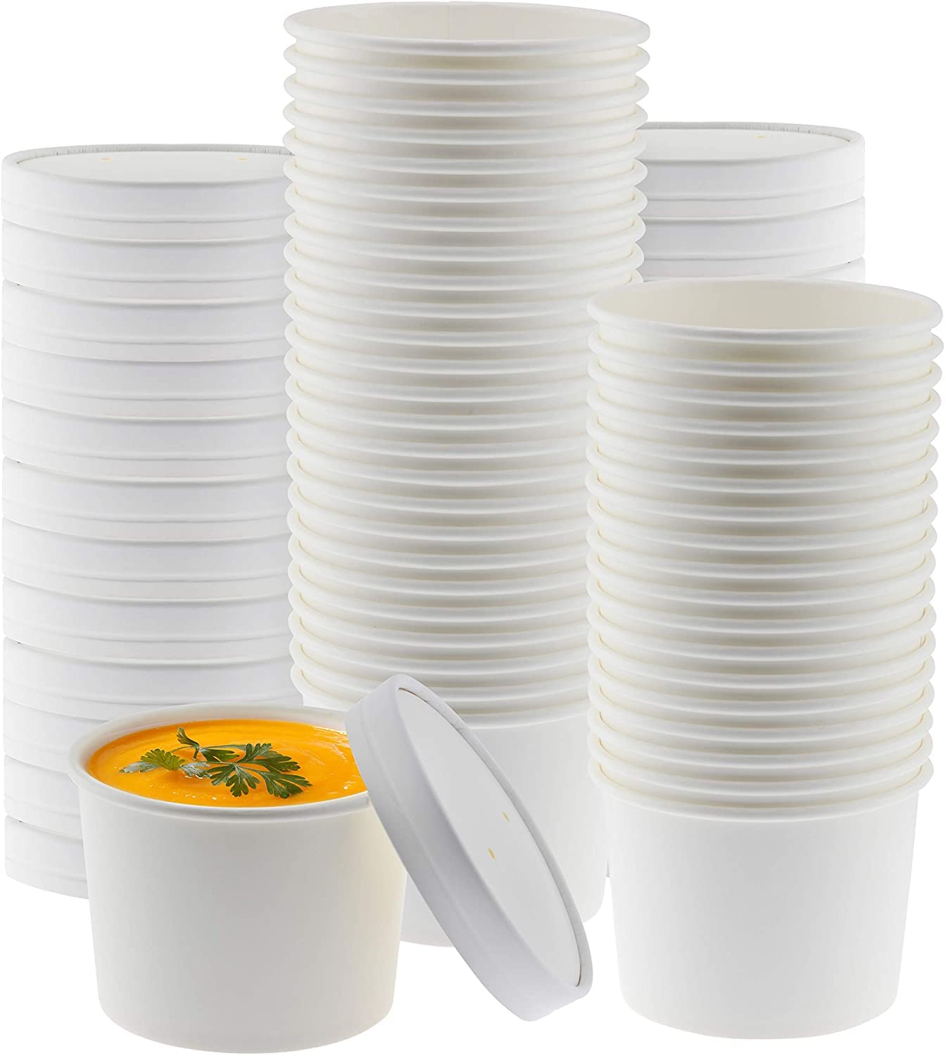 12oz Disposable Paper Cups with Lids & Spoons - 50 Sets Combo Pack for Soup, Dessert, Granola, Ice Cream, Yogurt | 12 Ounce Paper Bowls for Hot/Cold Food | Perfect for Home Use, Parties, Catering & Everyday Meals